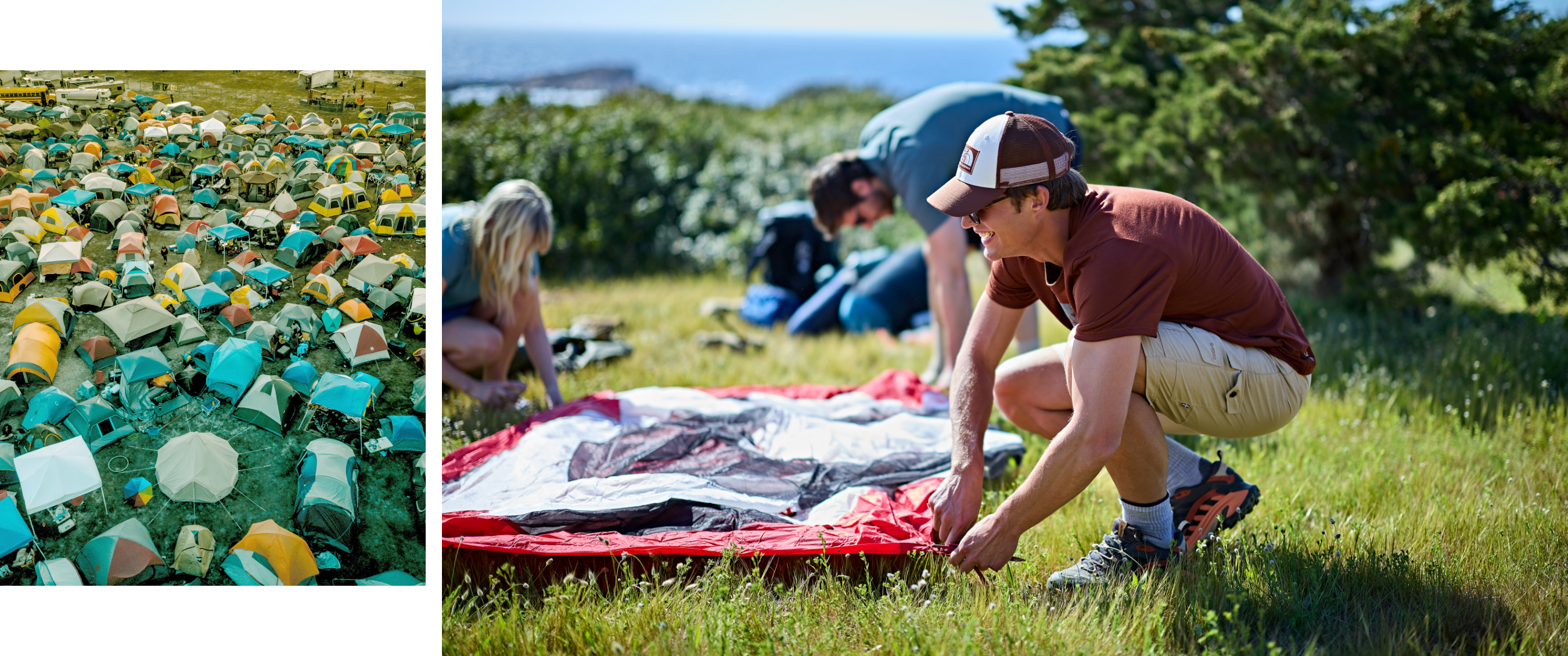 Deux images : campement dense vu d’en haut et campeurs montant une tente dans l’herbe.