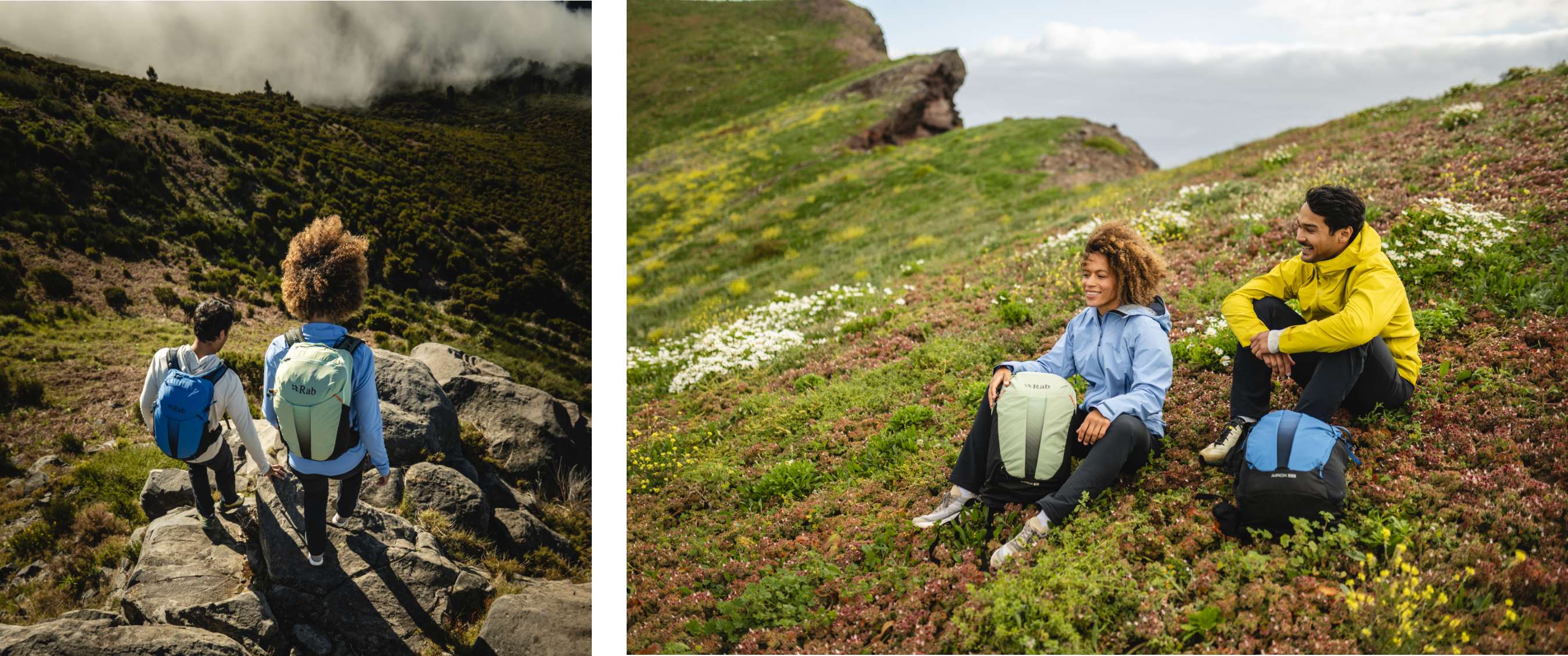 Deux images : deux randonneurs avec sacs à dos sur des rochers ; deux personnes assises dans une prairie fleurie avec sacs à dos
