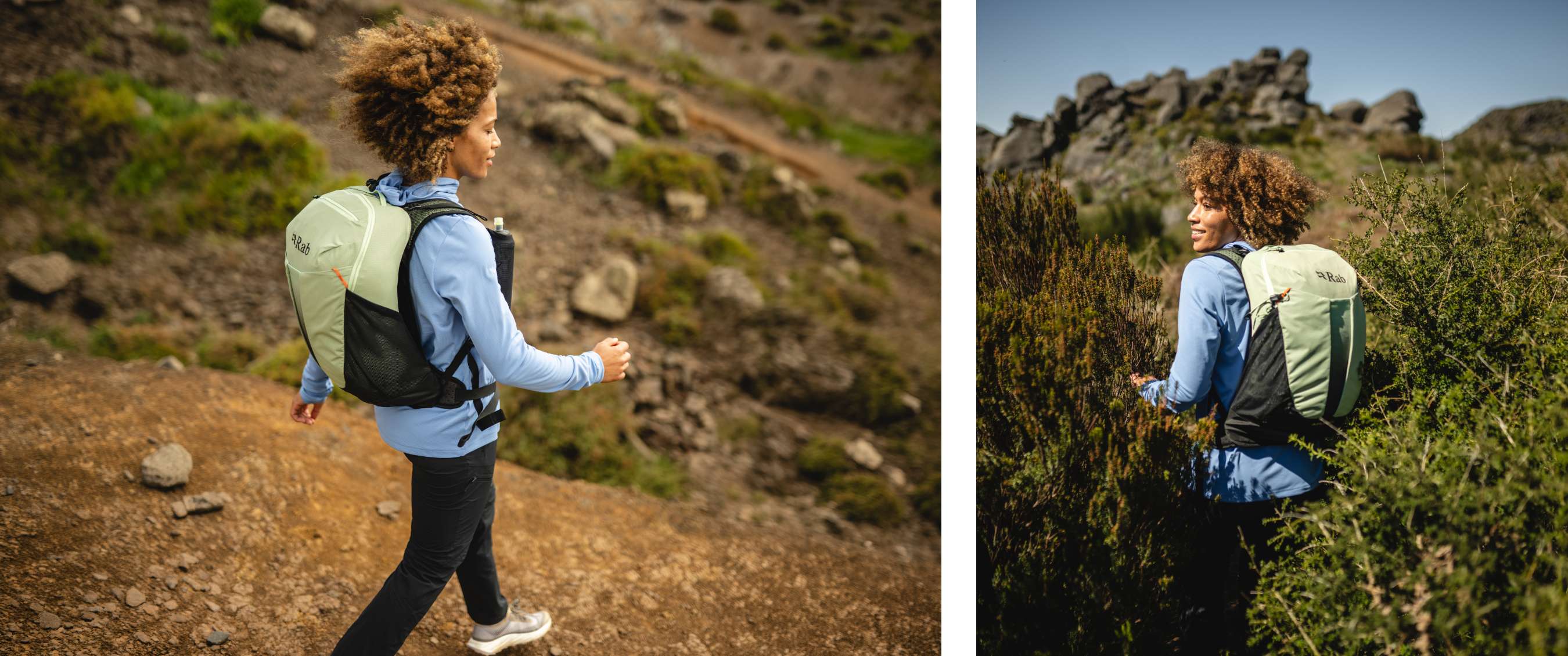 Deux images : randonneuse sur un sentier de montagne avec sac vert clair ; femme se retournant avec un sac dans un paysage rocheux