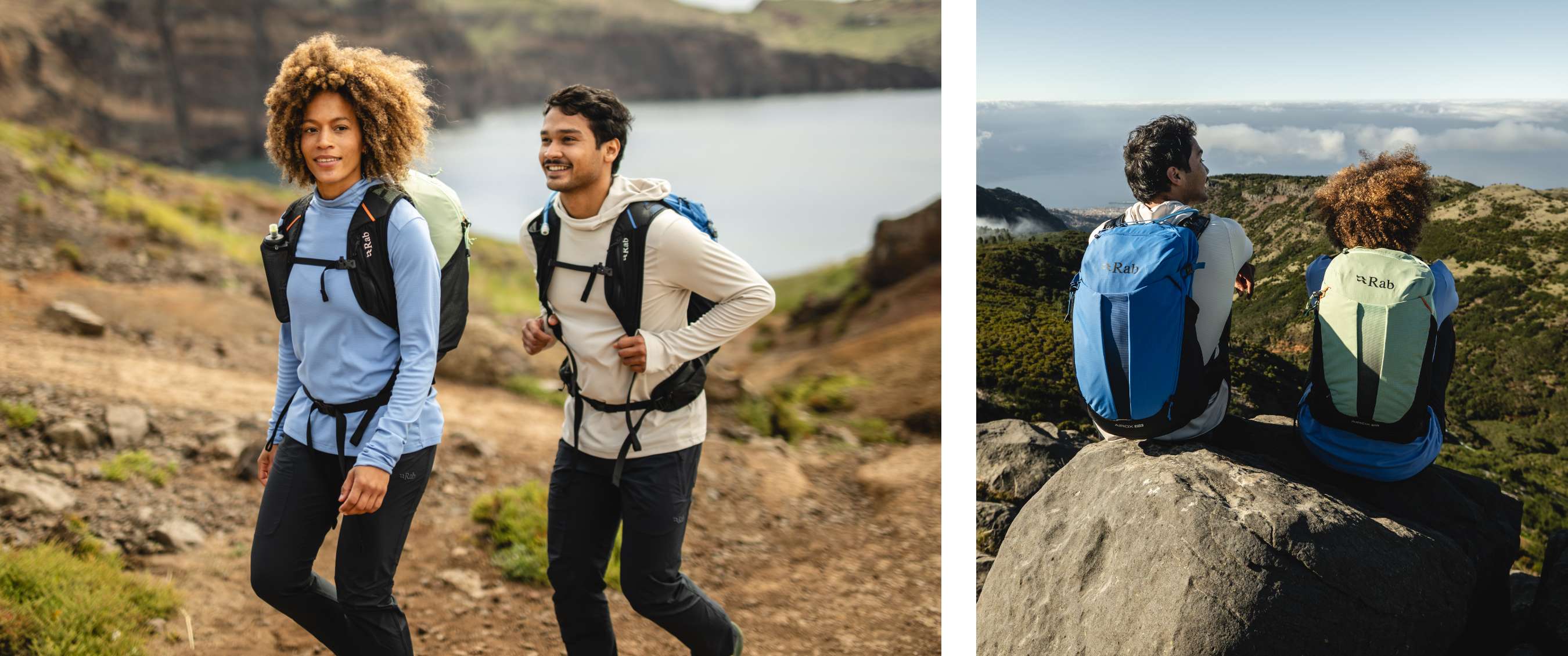Deux images : femme et homme marchant dans un paysage rocheux ; deux randonneurs avec sacs à dos regardent les collines