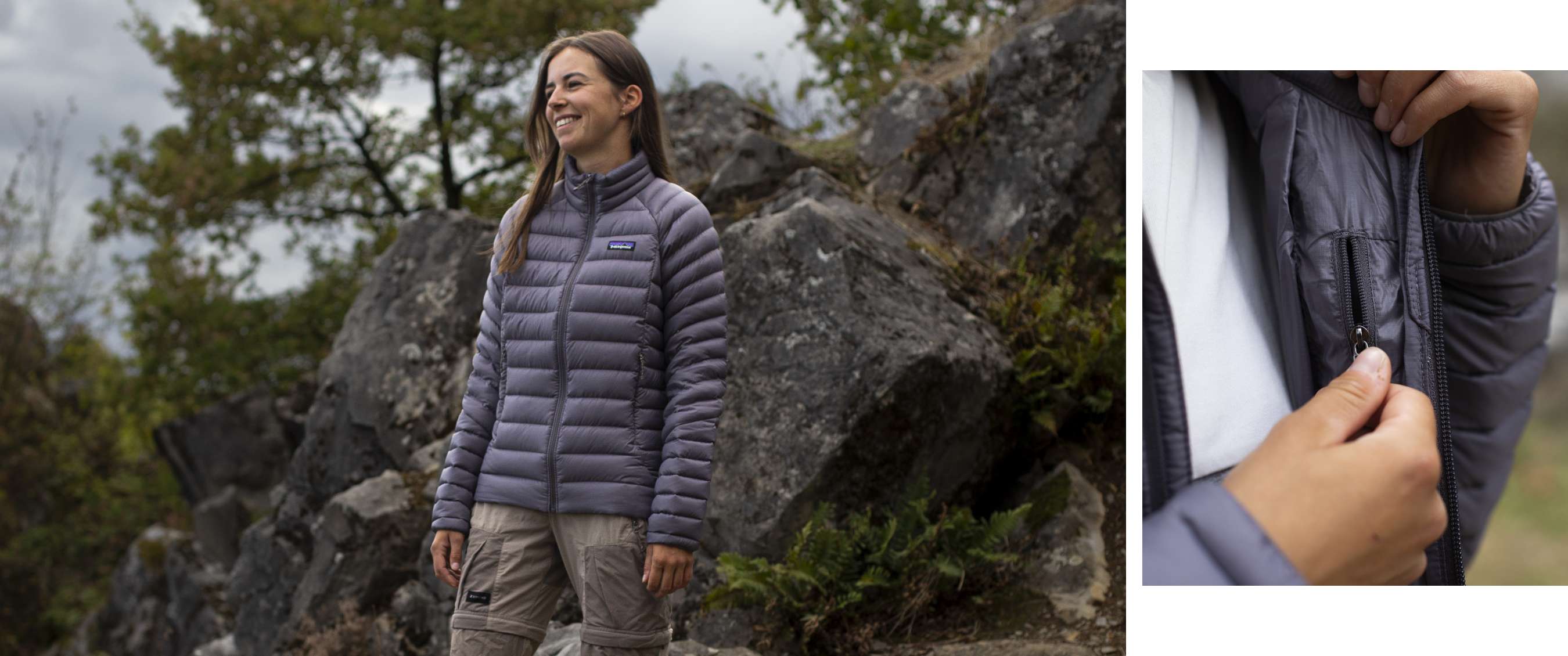 Une personne porte une veste matelassée grise Patagonia et un pantalon beige entre de gros rochers.