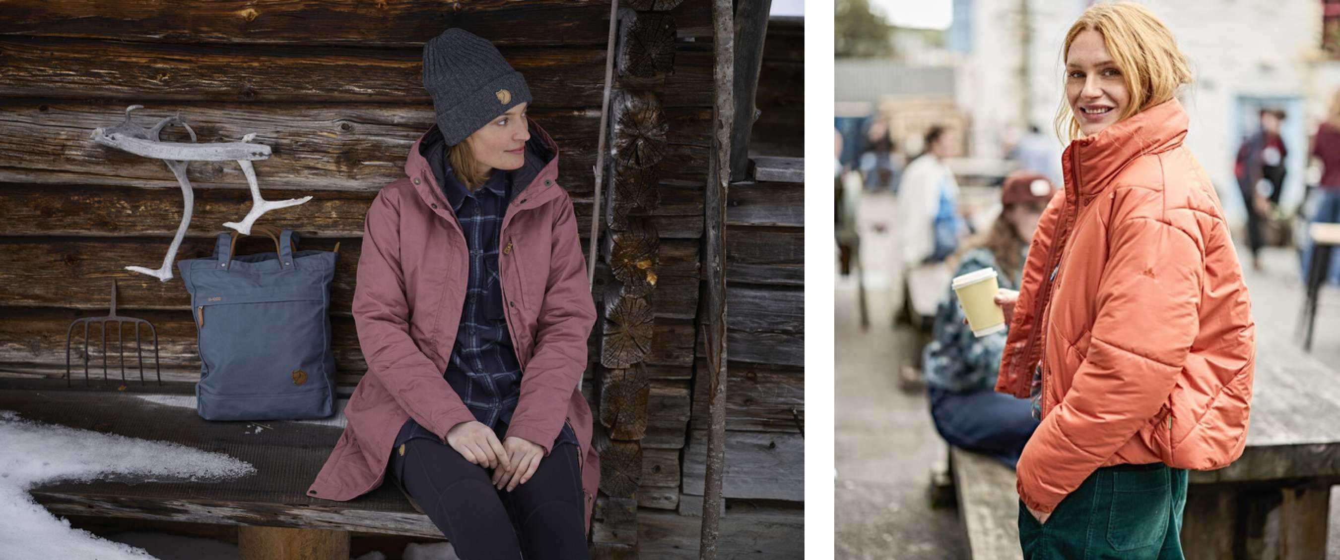 Deux images : Femme portant une veste d’hiver rose et un bonnet près d’une cabane en bois ; Femme portant une veste d’hiver orange debout à l’extérieur avec un gobelet.