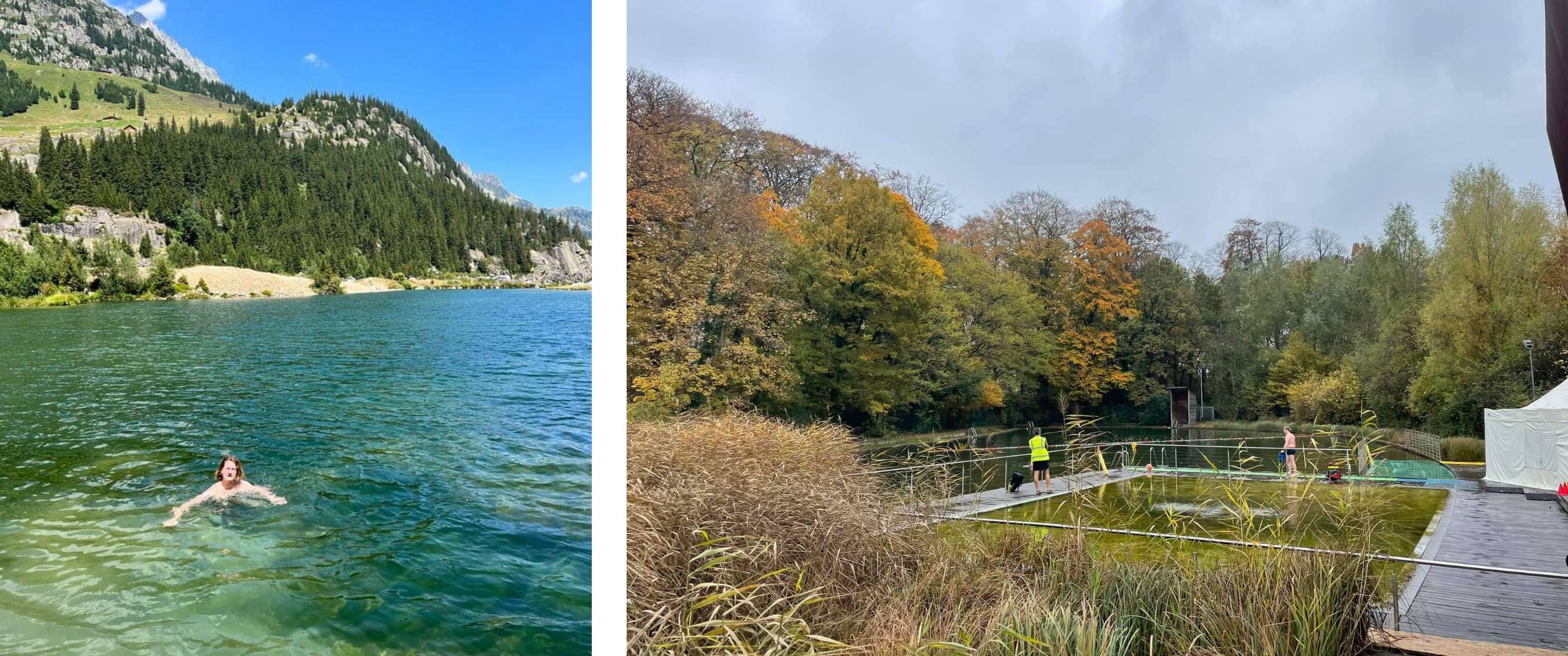 Deux images : un nageur dans un lac de montagne clair entouré de conifères et de rochers ; un étang naturel bordé d’arbres d’automne, avec une passerelle en bois et quelques personnes près de l’eau.