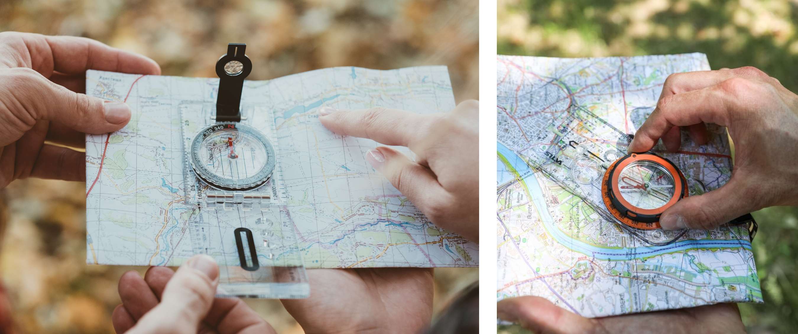 Deux images : des mains tiennent une carte avec une boussole ; une main pointe une carte urbaine avec une boussole.