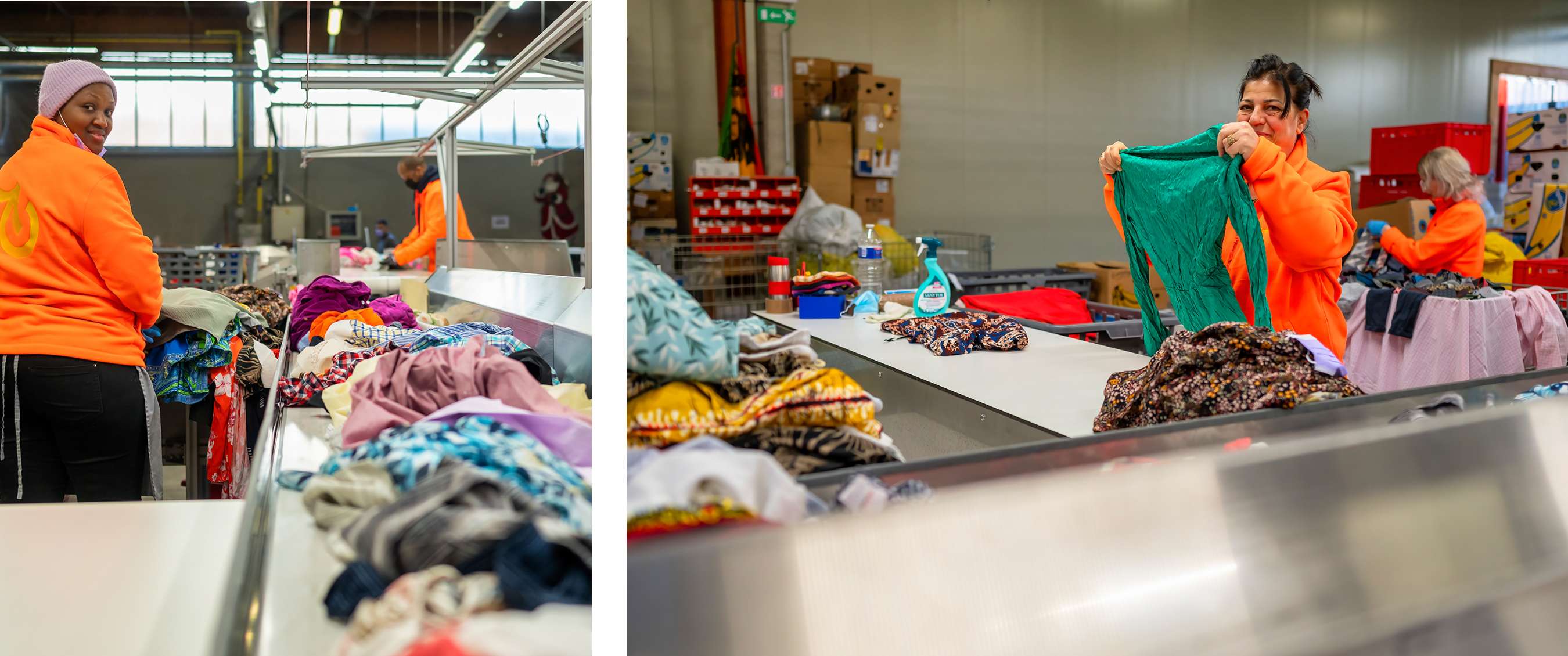Deux images : Zone de tri avec vêtements collectés et personnel en atelier.