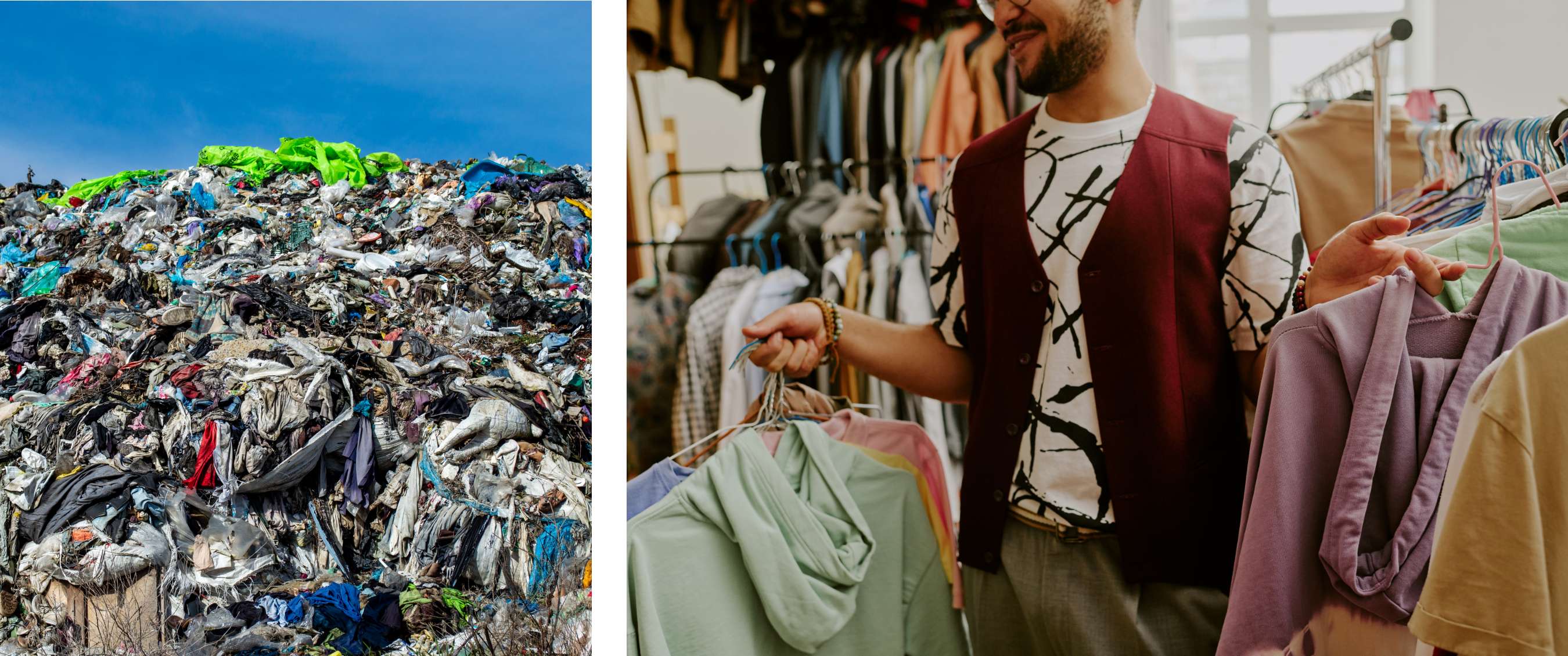 Deux images : Déchets textiles sur site d’enfouissement. Homme choisissant des vêtements d’occasion sur portant.