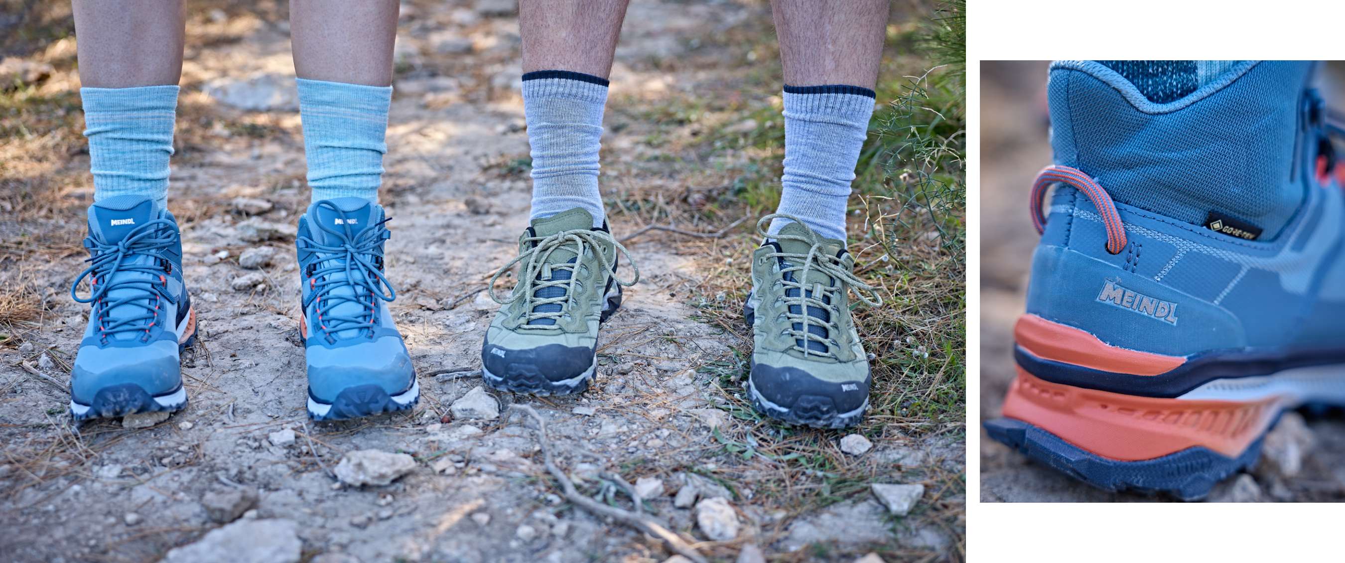 Deux paires de chaussures Meindl, bleues et vertes, avec chaussettes hautes sur un sentier pierreux.