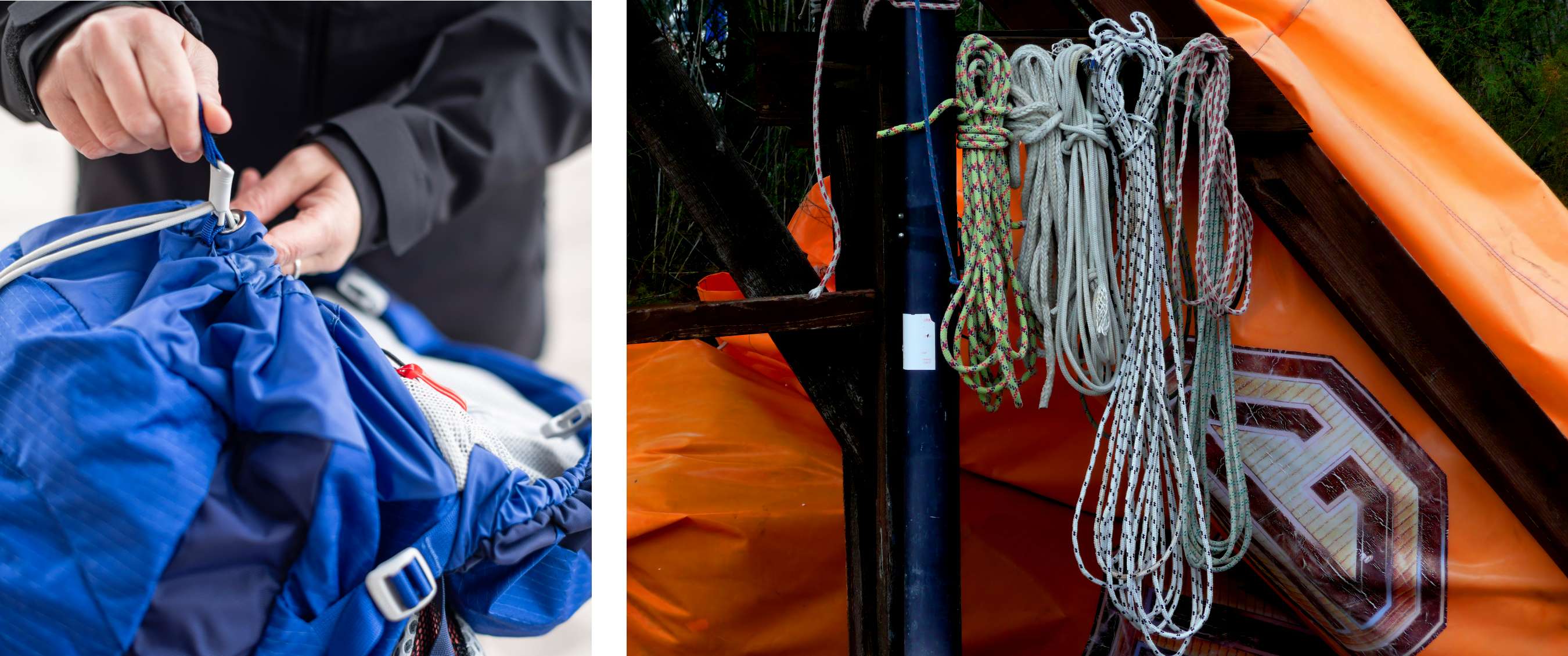 Deux images : Main ouvrant un sac à dos bleu avec filtre à eau ; femme buvant à la rivière avec un filtre