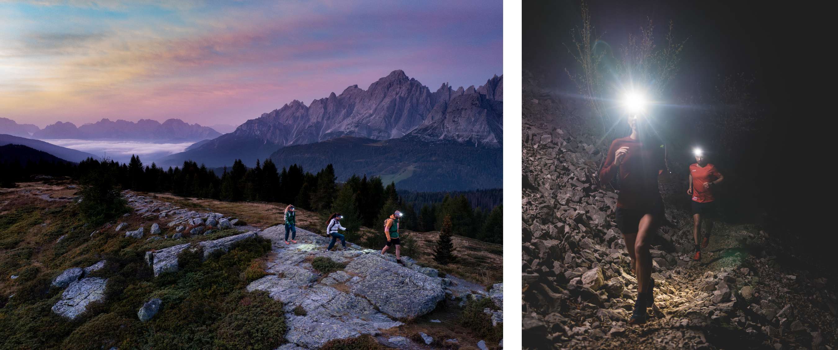 Des randonneurs équipés de lampes frontales traversent un paysage montagneux au lever du soleil puis marchent de nuit sur un sentier rocheux.