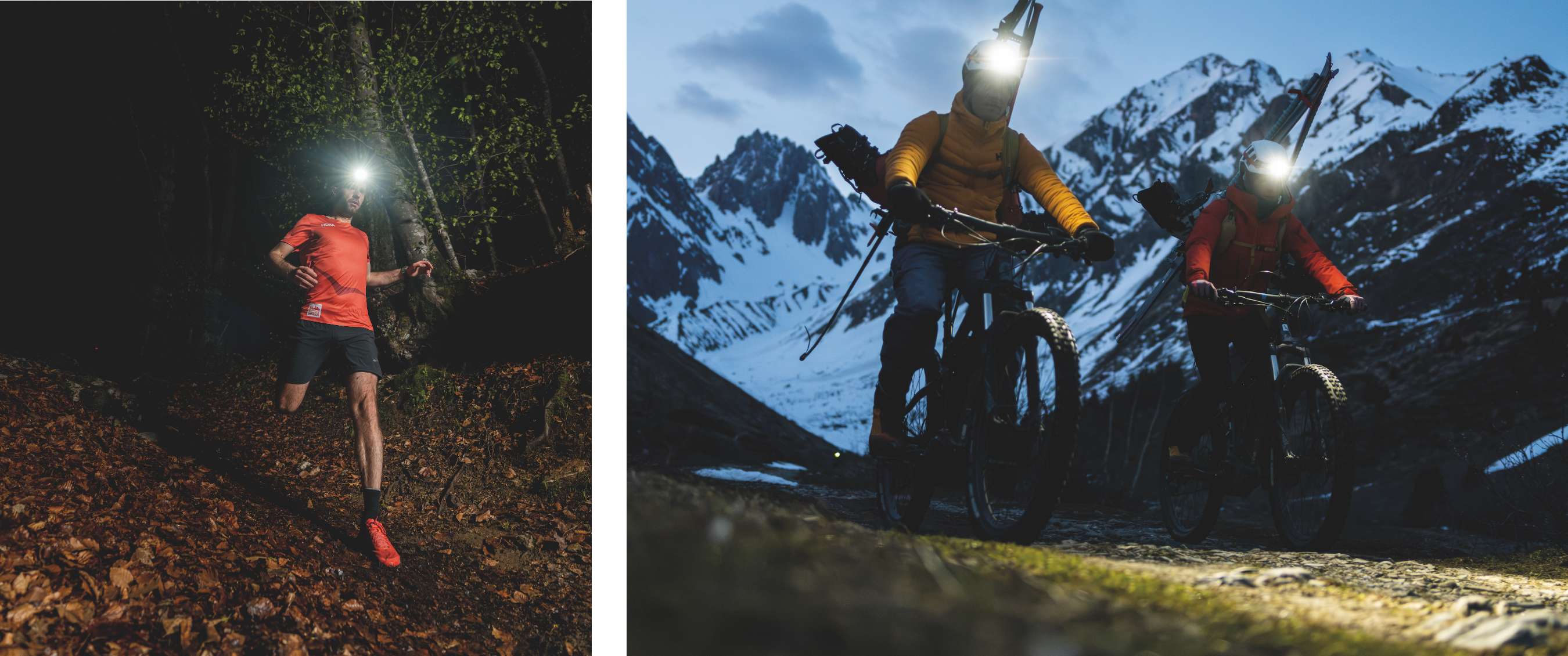 Des sportifs équipés de lampes frontales courent dans une forêt et font du vélo dans les montagnes enneigées à l’aube.