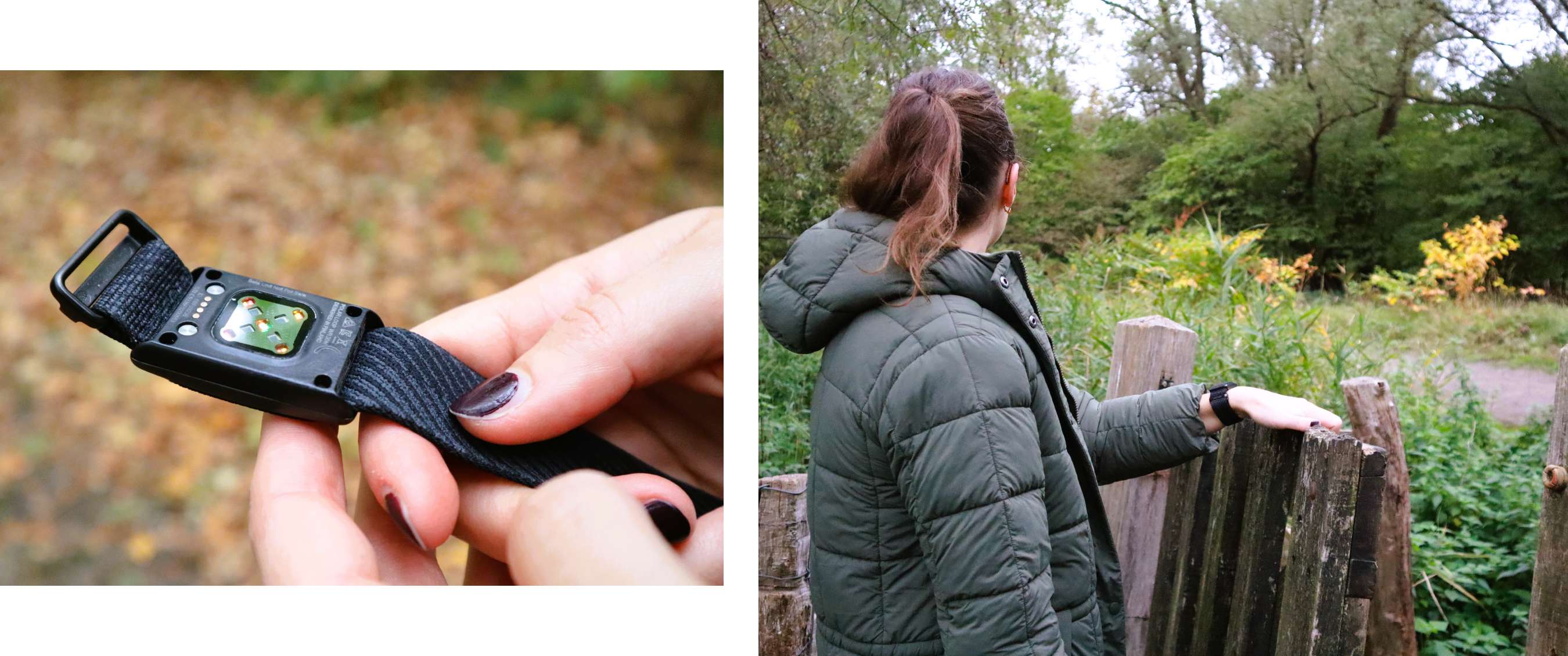 Deux images : Catoo tient le bracelet d’activité Polar Loop noir, capteur visible, puis le porte lors d’une promenade dans un espace naturel verdoyant.
