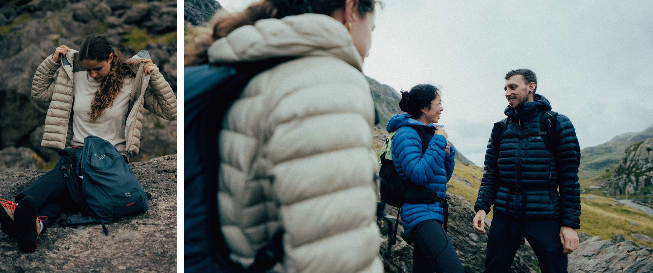 Un groupe de randonneurs en vestes chaudes se tient sur un terrain rocheux en montagne.