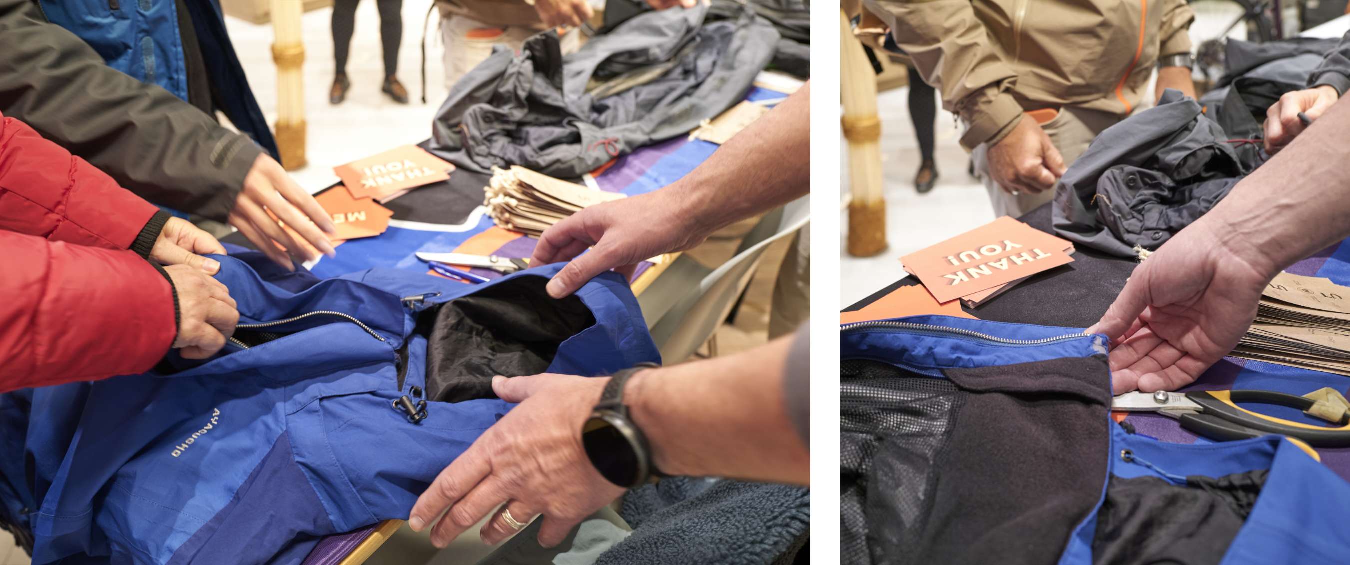 Deux images : des mains examinent une veste bleue sur une table ; gros plan sur une veste avec des cartes portant le texte THANK YOU.