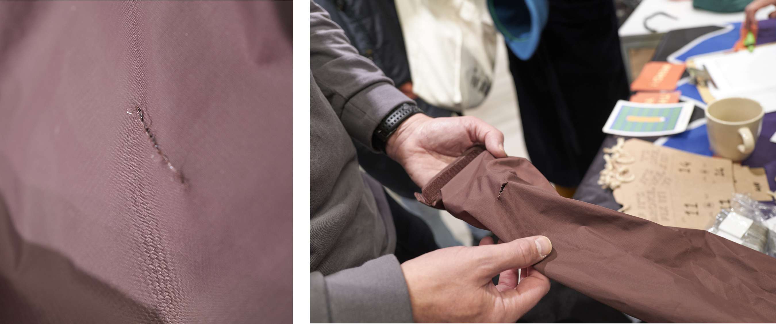 Deux images : gros plan sur une déchirure dans un tissu brun ; des mains montrent une housse brune avec une déchirure.