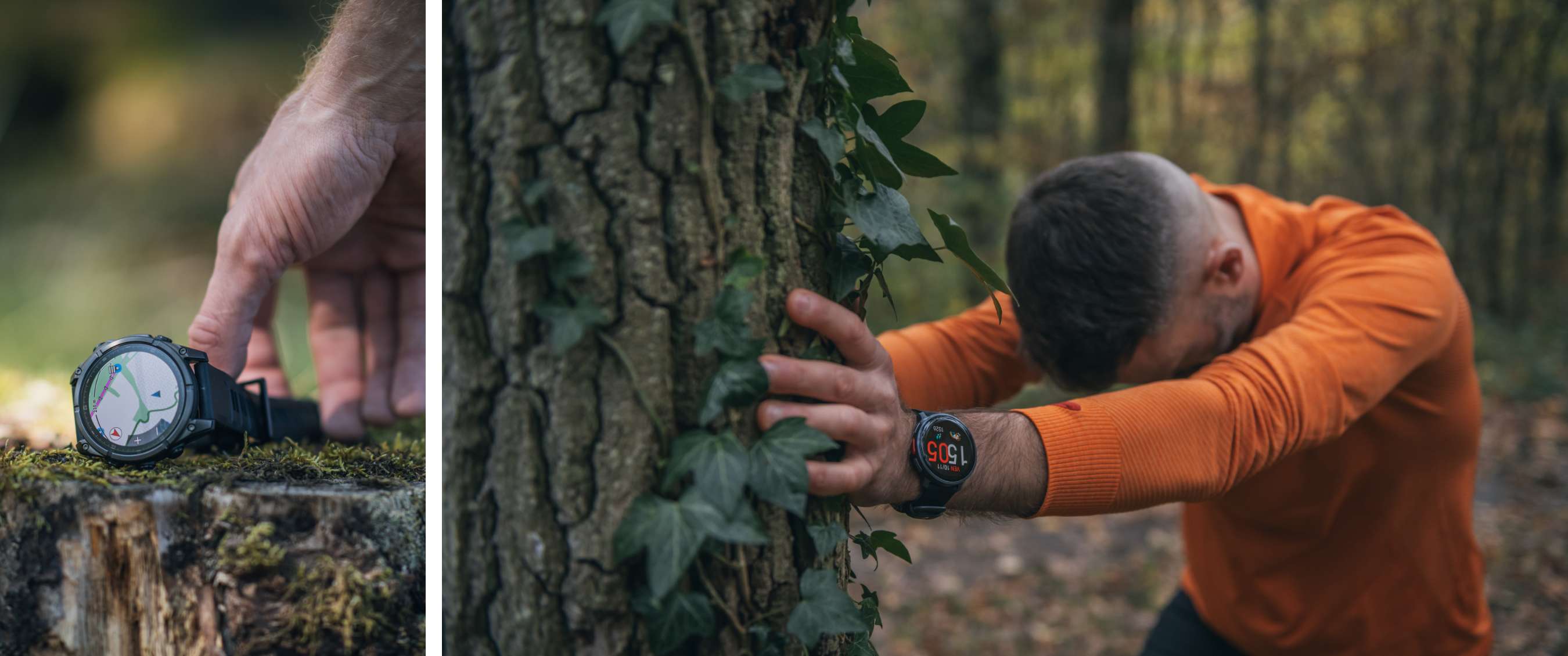 Deux images : main près d’une montre avec carte sur une souche et personne en orange s’étirant contre un arbre.