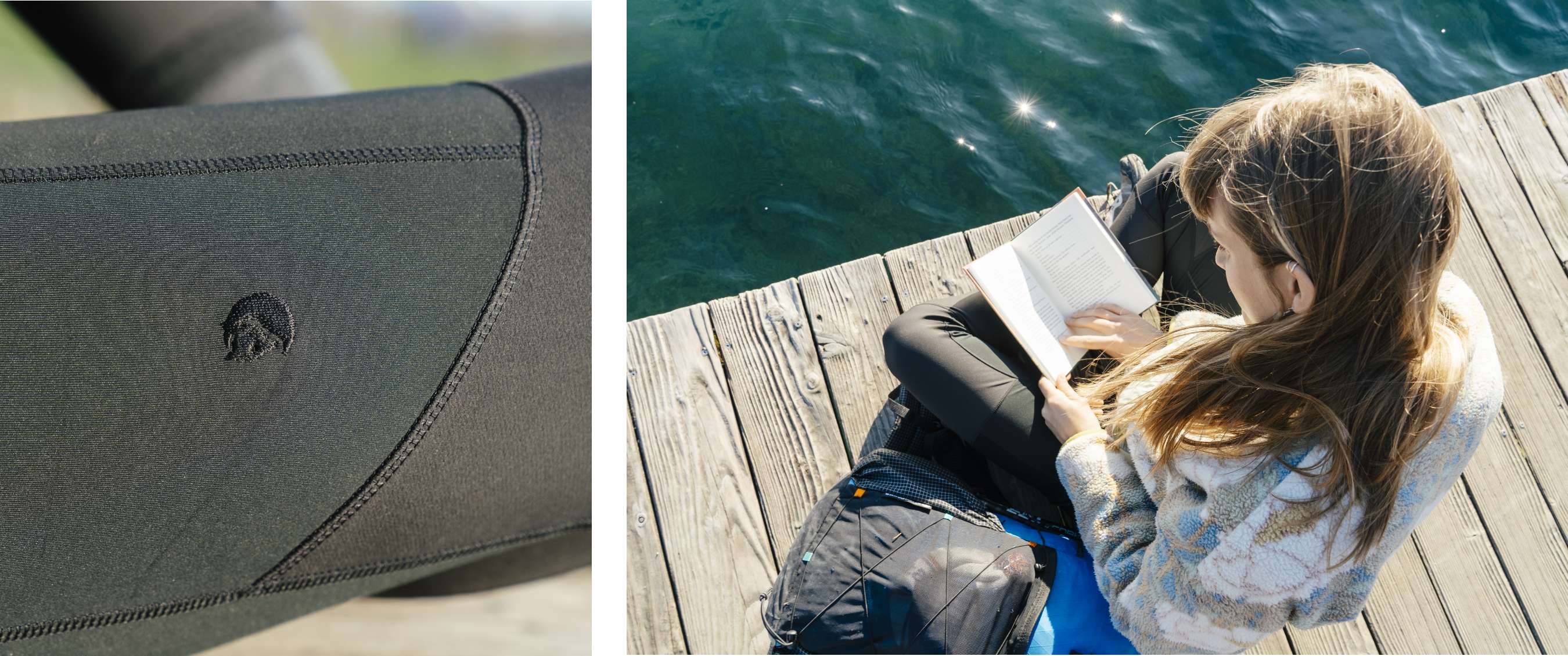 Deux images : gros plan sur un legging noir avec logo ; femme lisant sur un ponton en bois au bord de l’eau