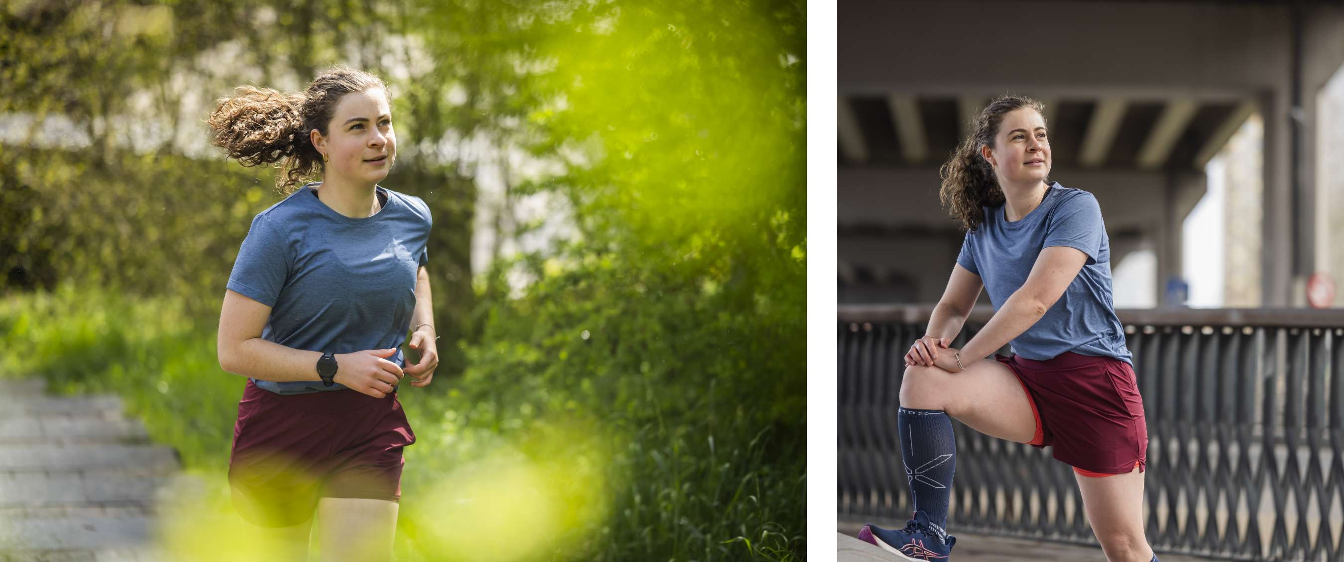 Deux images : femme courant sur un chemin verdoyant ; femme étirant sa jambe sur un pont en tenue de sport.