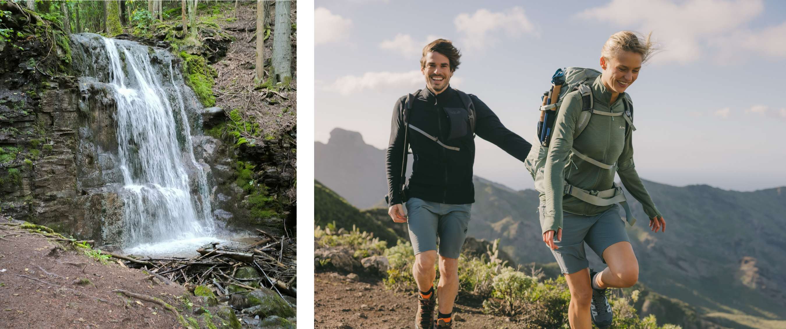 Deux images : cascade entre arbres et rochers ; deux randonneurs avec sacs à dos sur un chemin de montagne.
