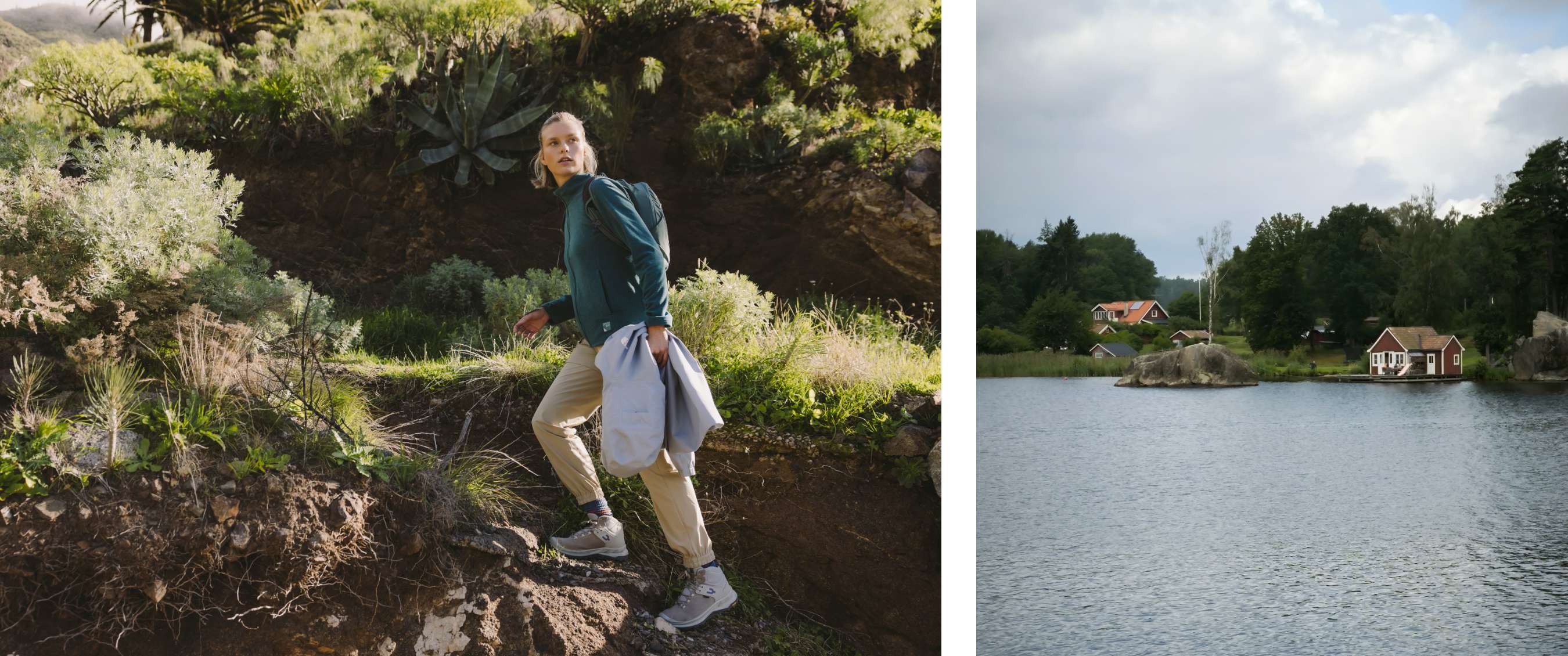 Deux images : randonneuse avec sac à dos sur un sentier rocheux dans un paysage vert ; lac calme avec petites maisons rouges au bord de la forêt.