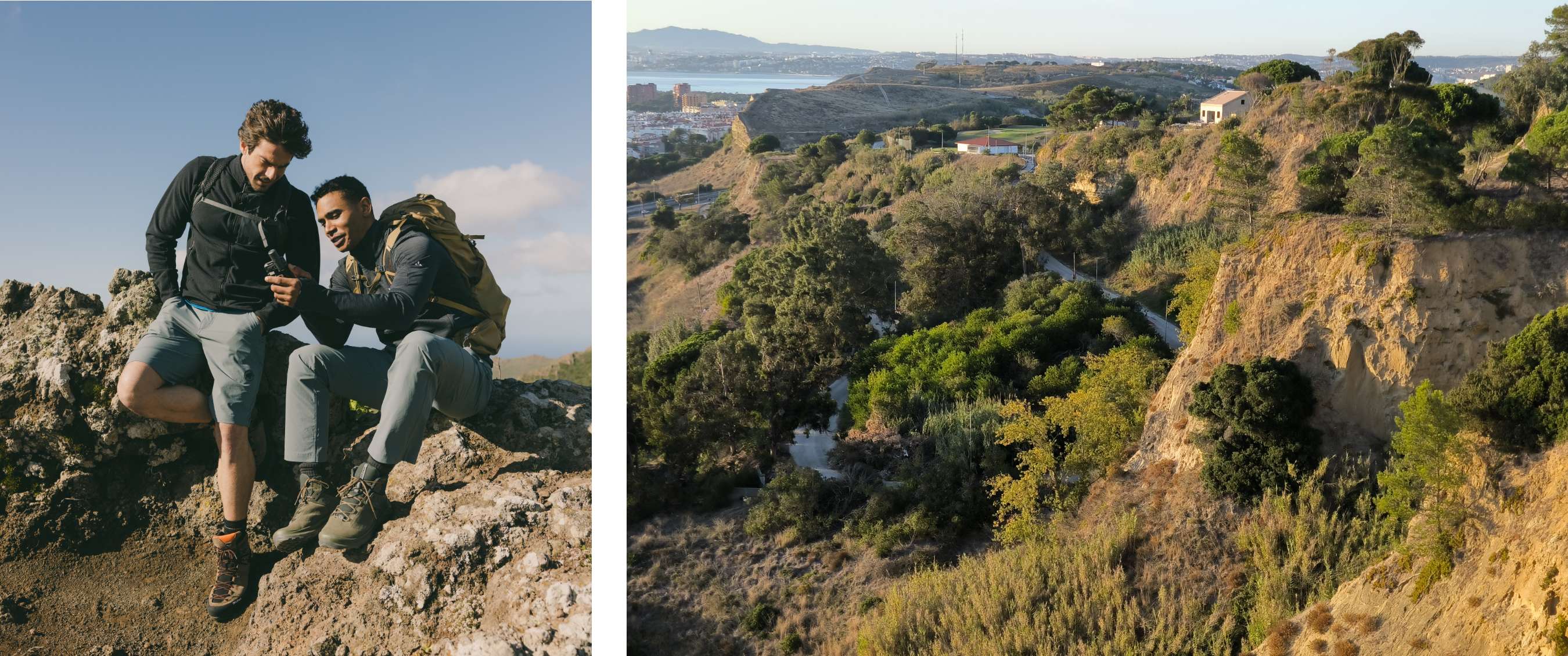 Deux images : deux randonneurs avec sacs à dos regardent un appareil sur un rocher ; paysage vallonné avec route et vue sur la mer.