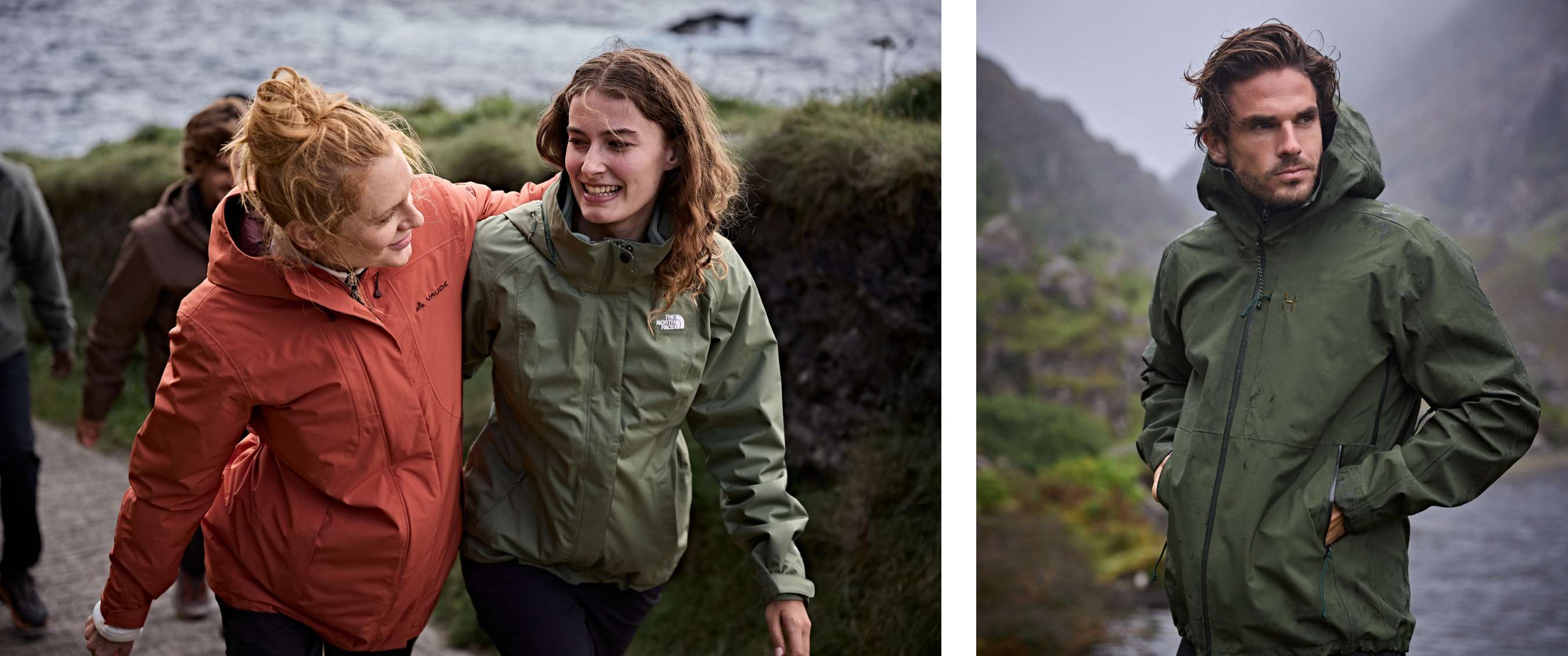 Deux images : deux femmes en vestes imperméables marchant en souriant près de la côte ; un homme en veste verte dans un paysage montagneux pluvieux.