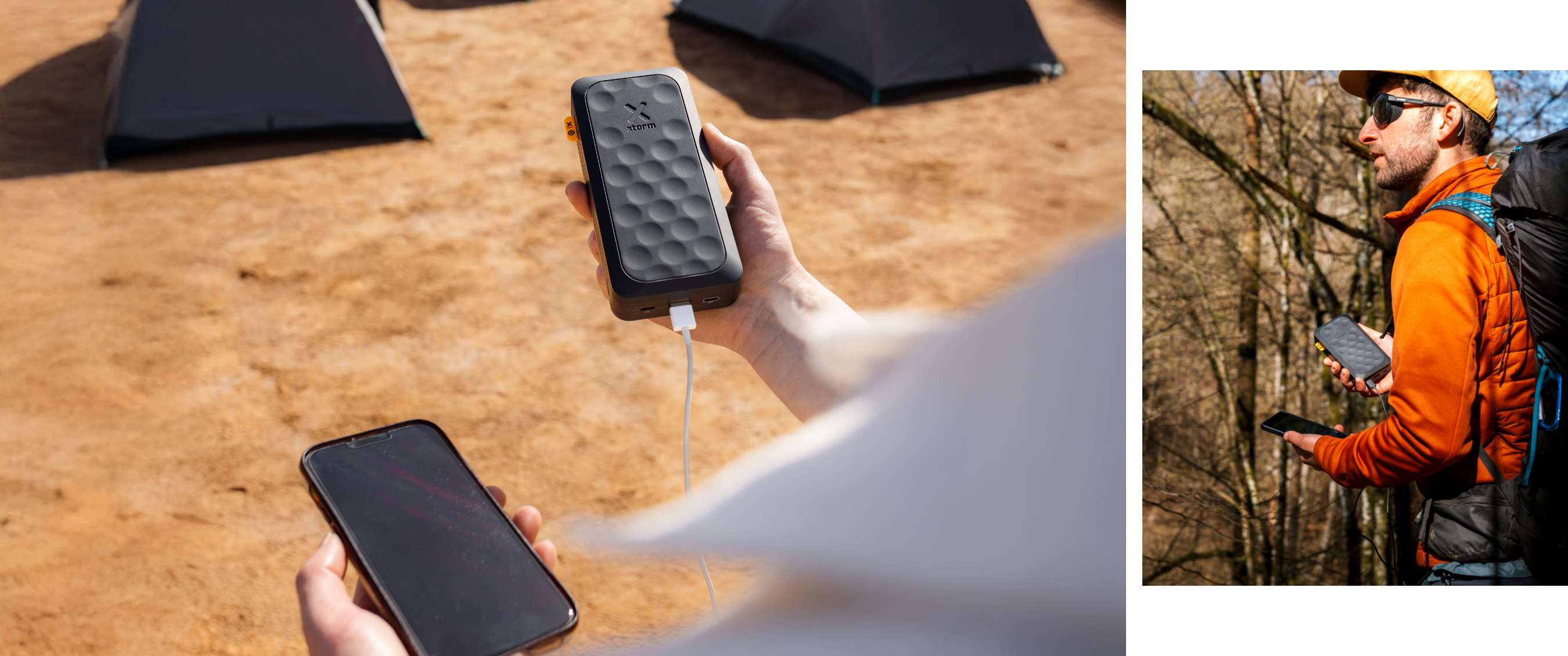 Deux images : batterie Xstorm charge un téléphone au camping ; randonneur avec sac tient une batterie en forêt.