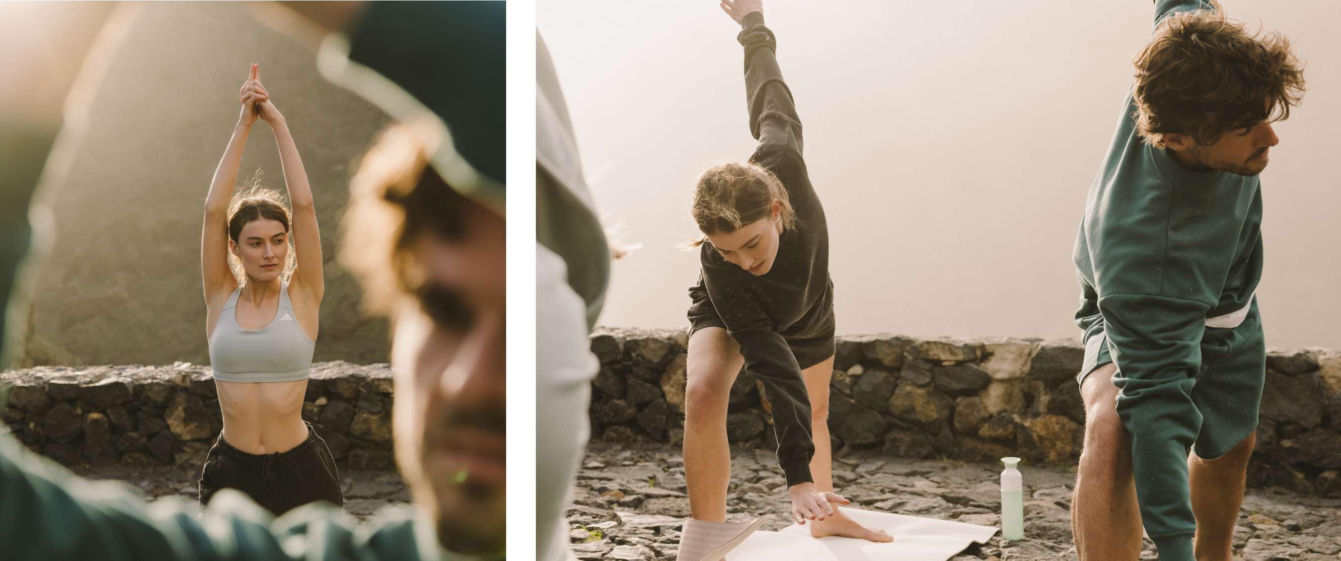 Deux images : femme levant les bras pendant une séance de yoga ; groupe faisant des étirements sur des tapis en plein air.