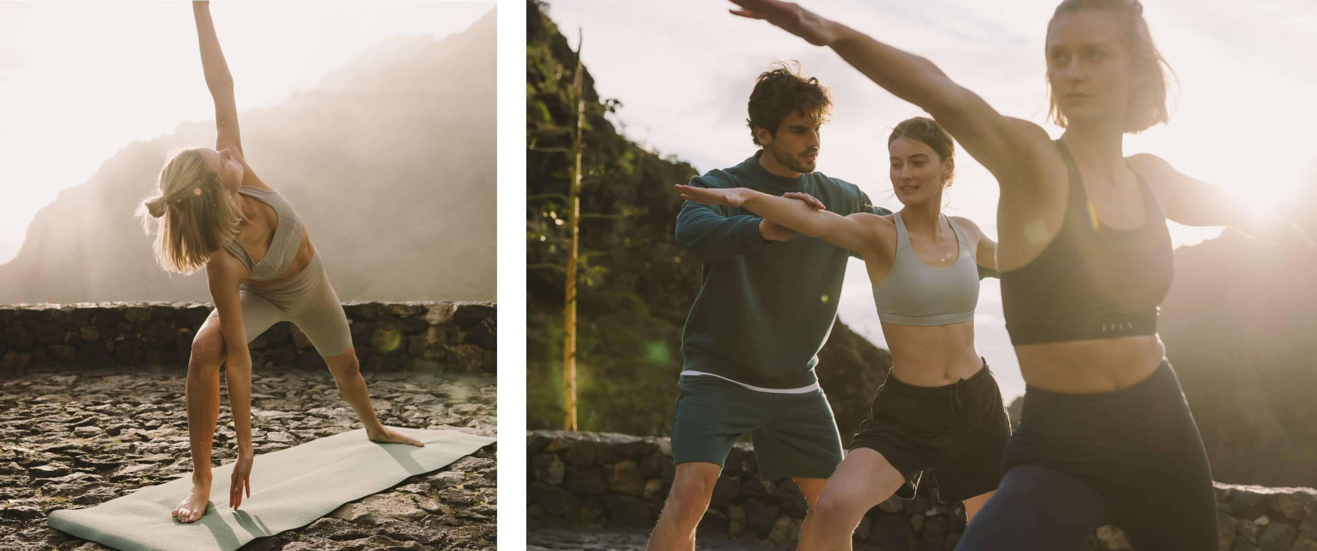 Deux images : femme réalisant une posture latérale de yoga sur un tapis ; groupe exécutant une posture debout avec l’aide d’un instructeur.