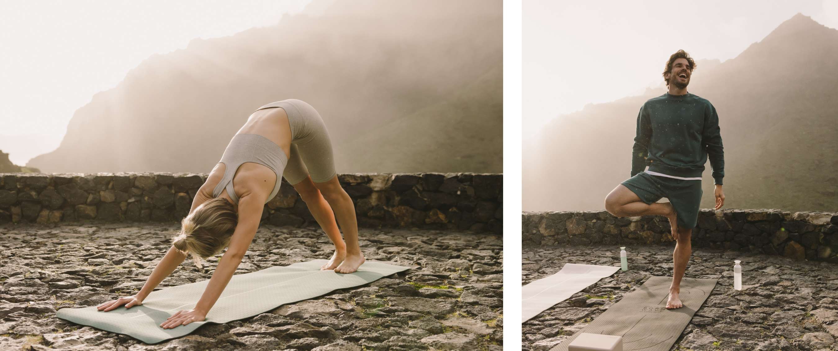 Deux images : femme en posture du chien tête en bas sur un tapis en extérieur ; homme souriant en posture de l’arbre.