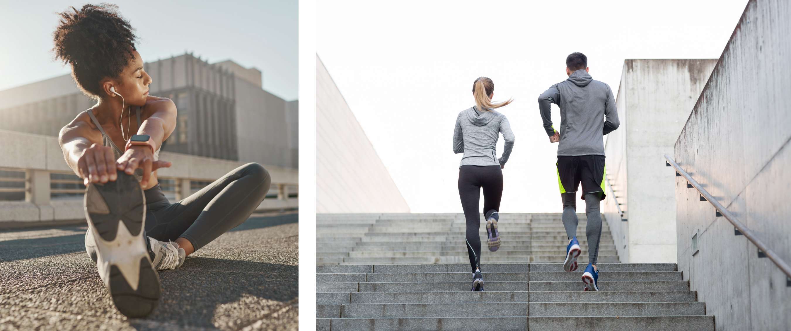 Deux images : Femme sportive faisant un étirement avec écouteurs ; deux personnes courant sur escalier en béton.