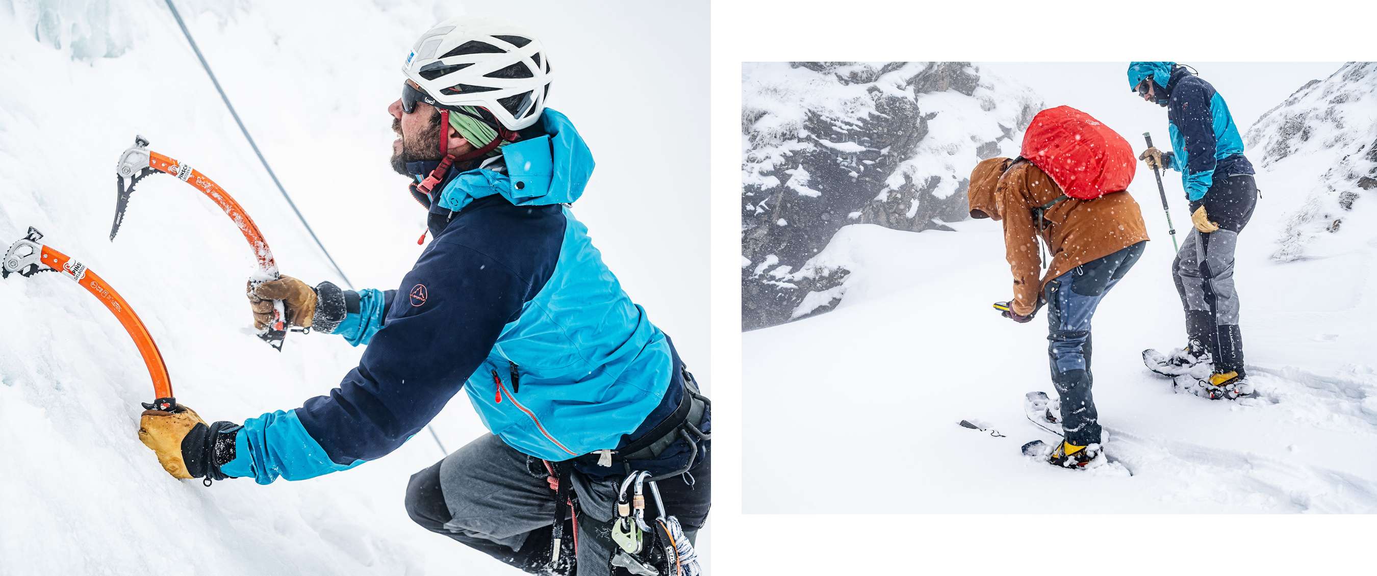 Deux images : gros plan d’un grimpeur sur glace avec des piolets orange ; deux personnes progressant dans une forte neige tout en consultant un appareil de navigation.