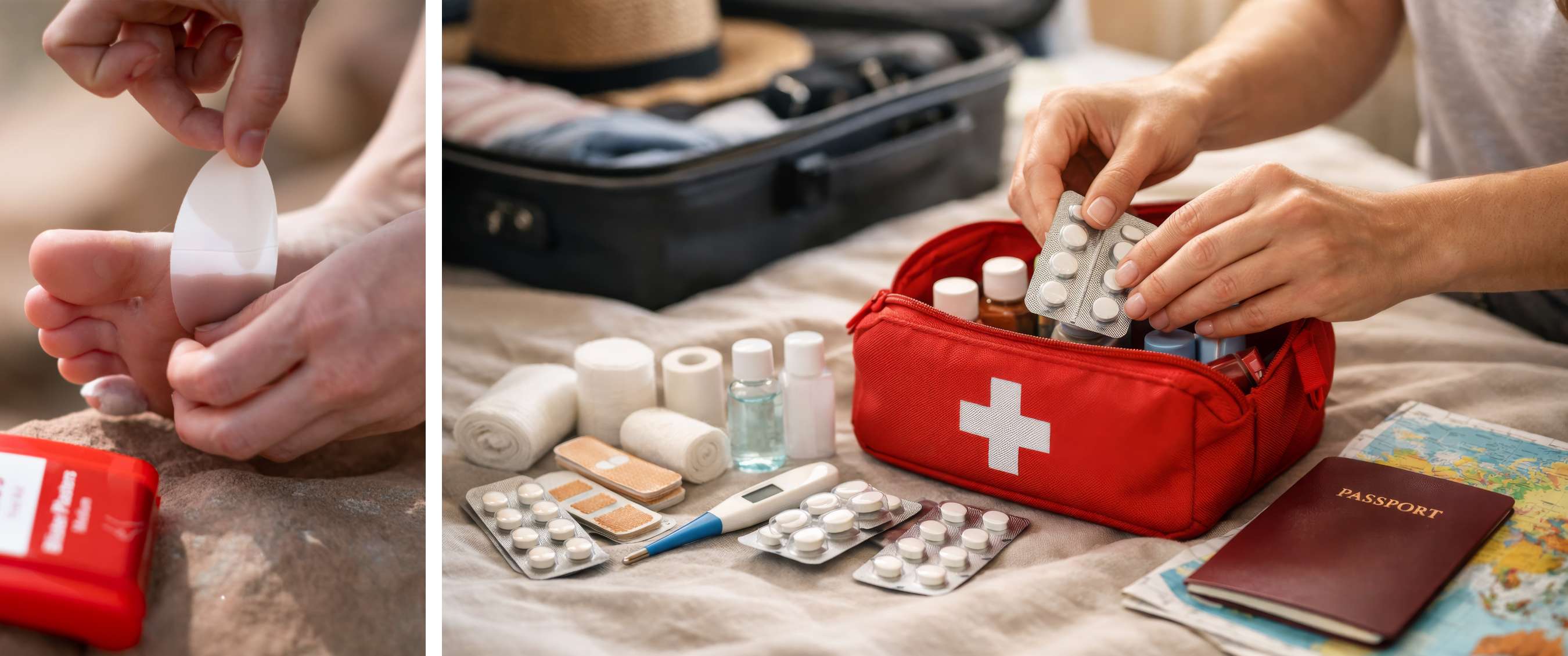Trousse rouge avec comprimés, flacons, bandage et thermomètre près d’une valise et d’un passeport.