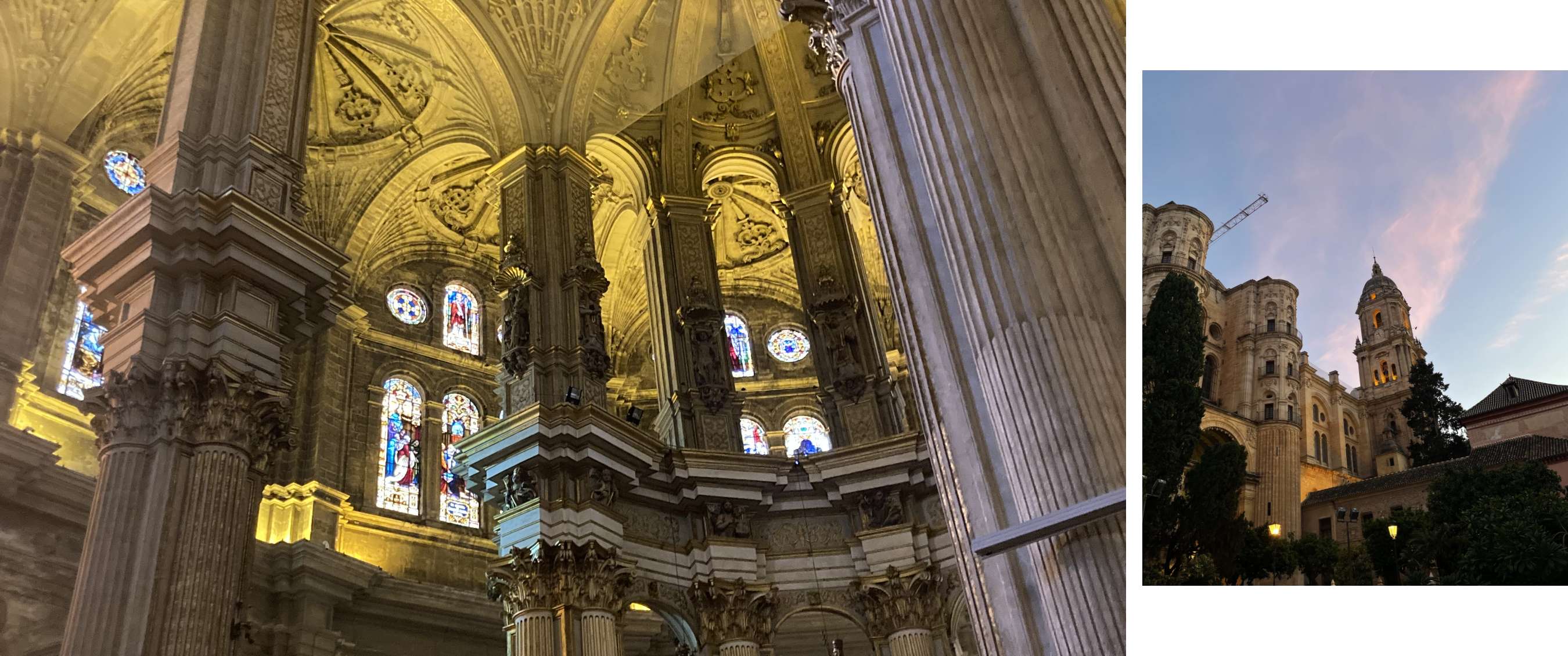 Deux images : intérieur richement décoré d’une cathédrale ; tour de la cathédrale de Málaga au crépuscule.