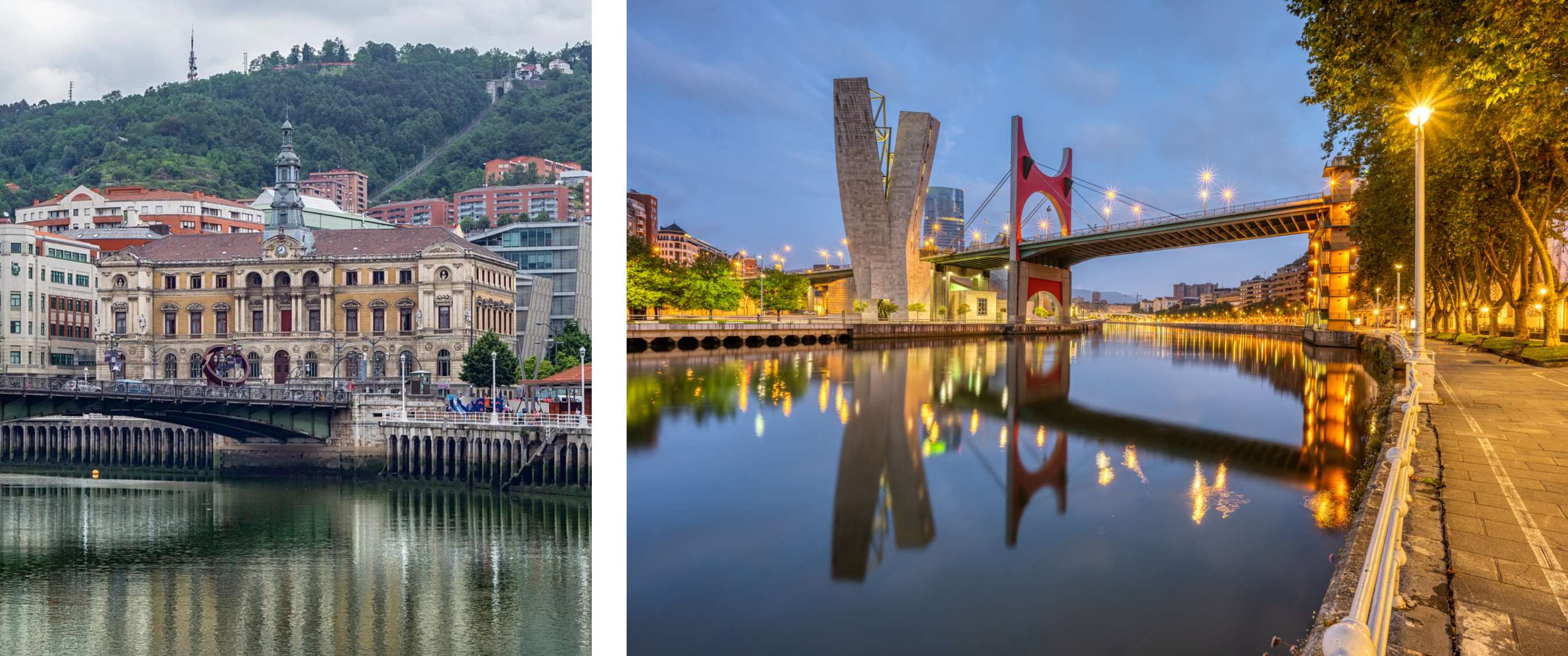 Deux images : un bâtiment classique au bord de la rivière avec collines et un pont illuminé près de tours modernes.