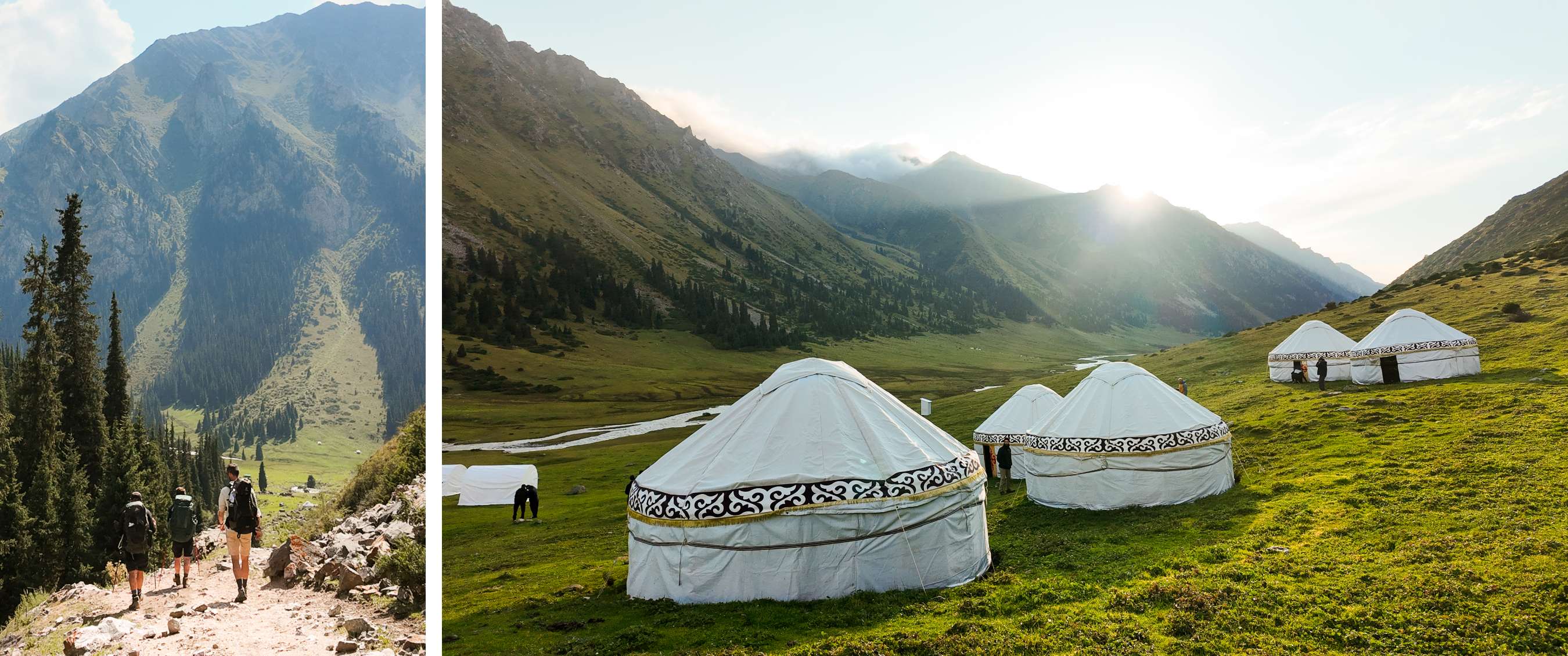 Deux images : randonneurs descendant en montagne ; yourtes blanches dans une vallée verte.