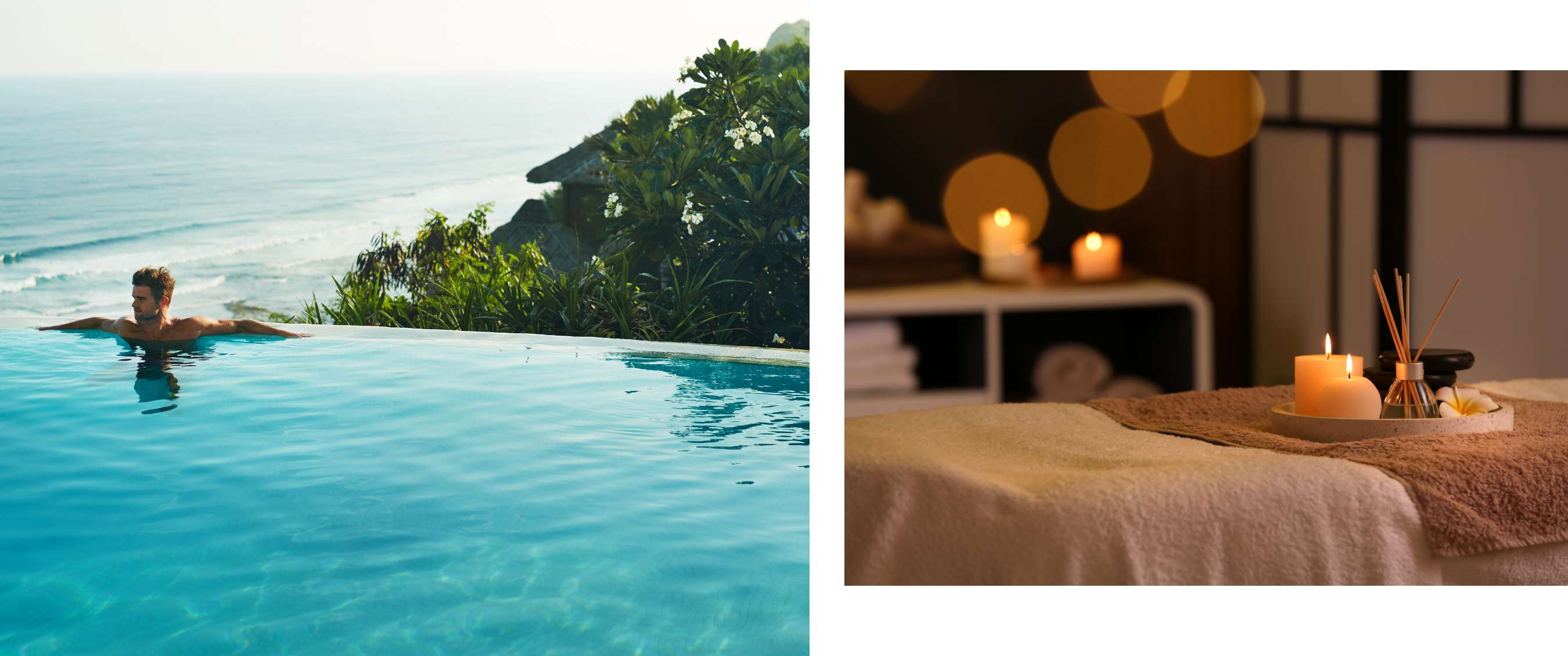 Deux images : Homme se reposant dans une piscine à débordement face à l’océan ; espace bien-être avec bougies.