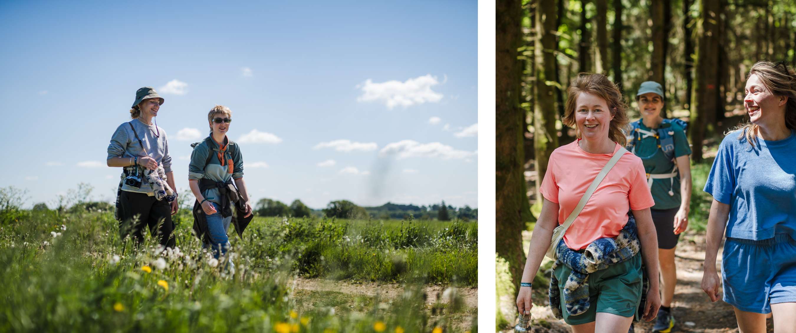 Deux images : Deux femmes marchant dans un pré fleuri ; trois femmes marchant en forêt.