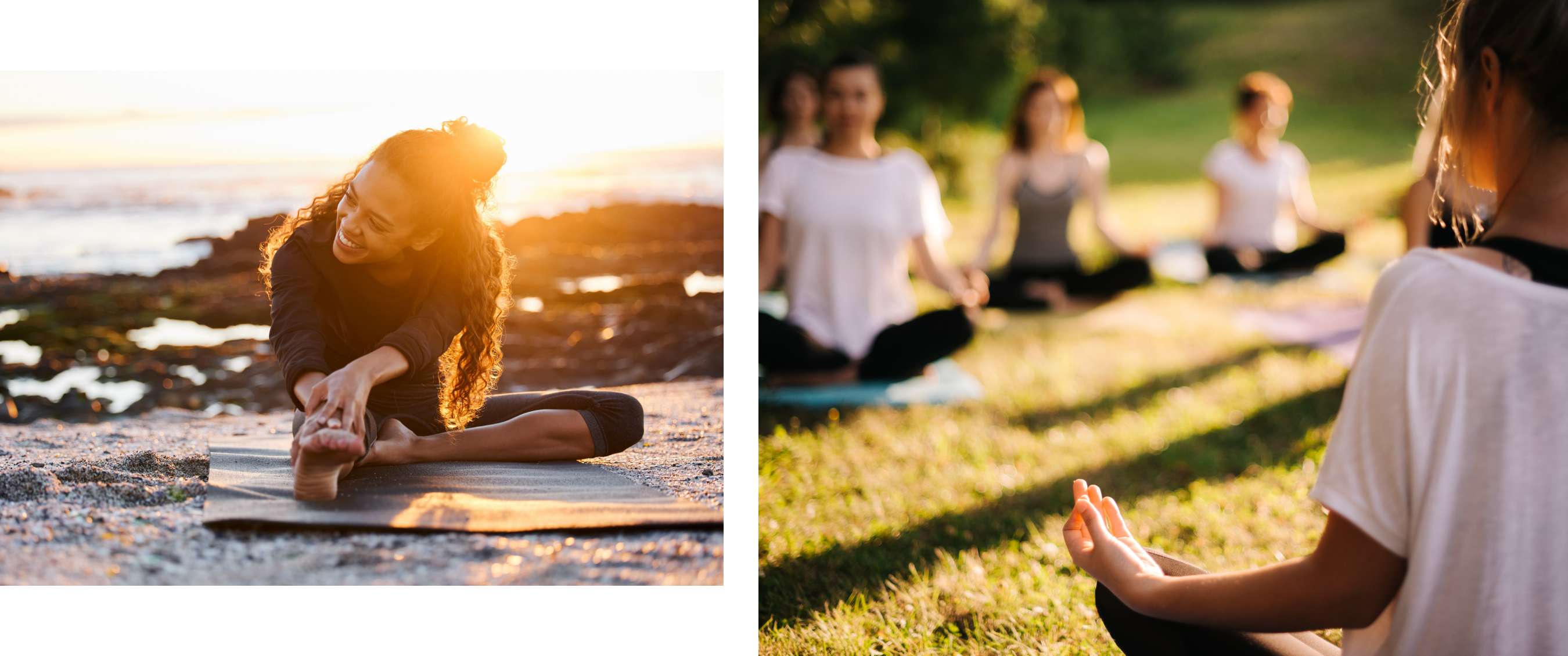 Deux images : Femme s’étirant sur la plage ; groupe méditant dans un pré.