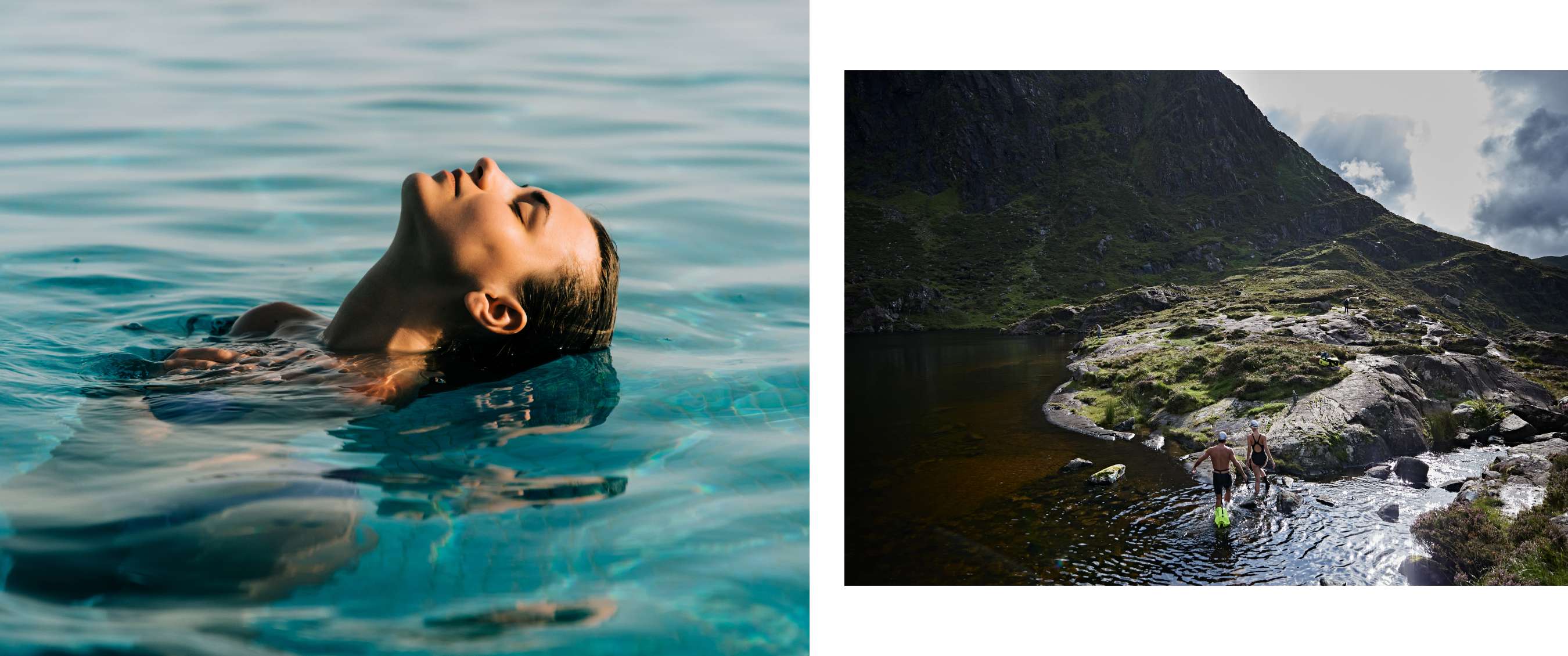Deux images : Femme flottant dans l’eau claire ; deux personnes marchant dans un lac de montagne.