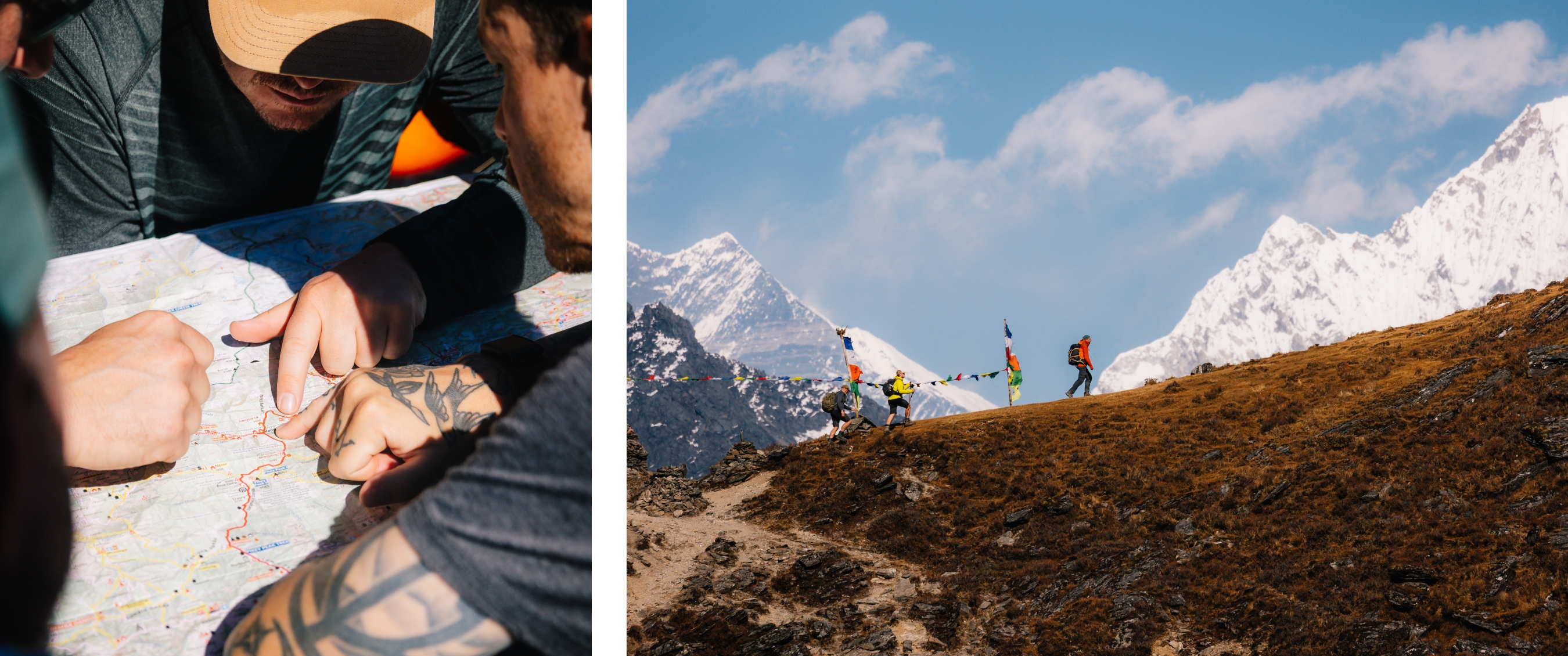 Twee beelden: Textielafval op open vuilnisbelt. Man selecteert tweedehandskleding aan rek.