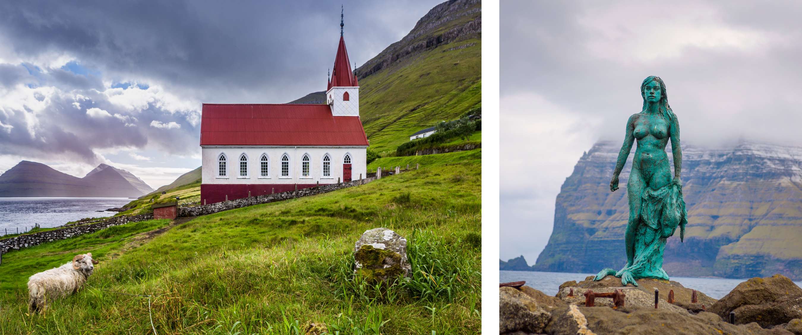 Deux images : église dans une prairie près de la côte et des montagnes ; statue vert-de-gris au bord de l’eau.