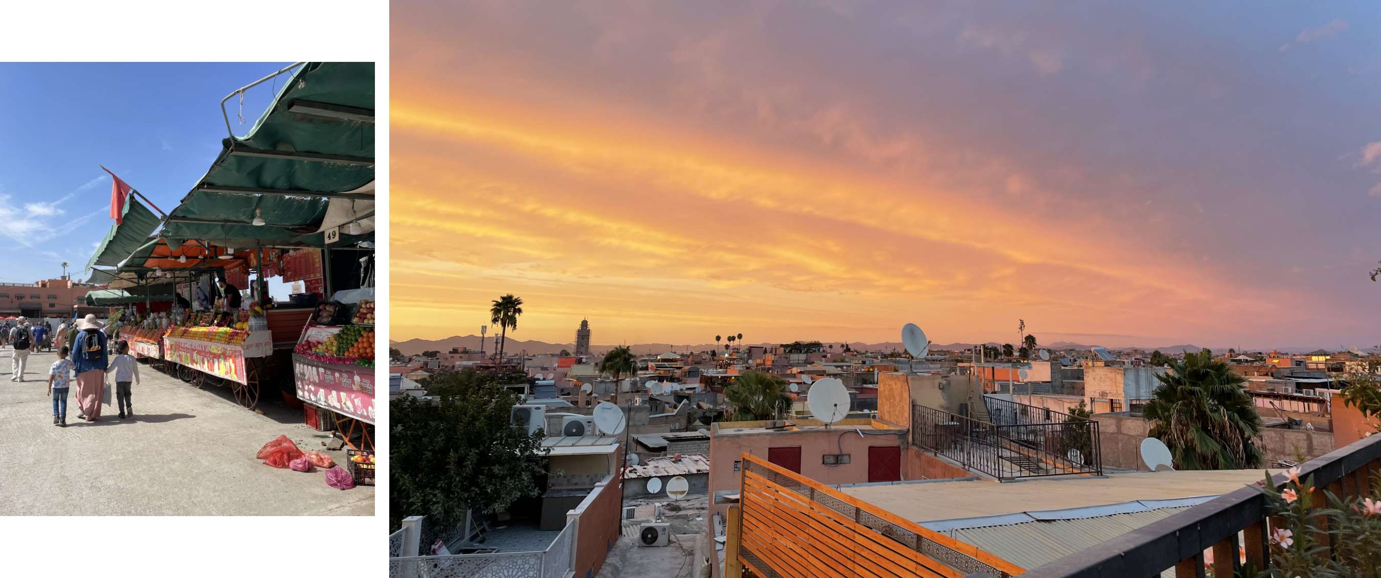 Deux images : étal coloré le long d’une allée ; palmiers et toits dans la lumière du soir.