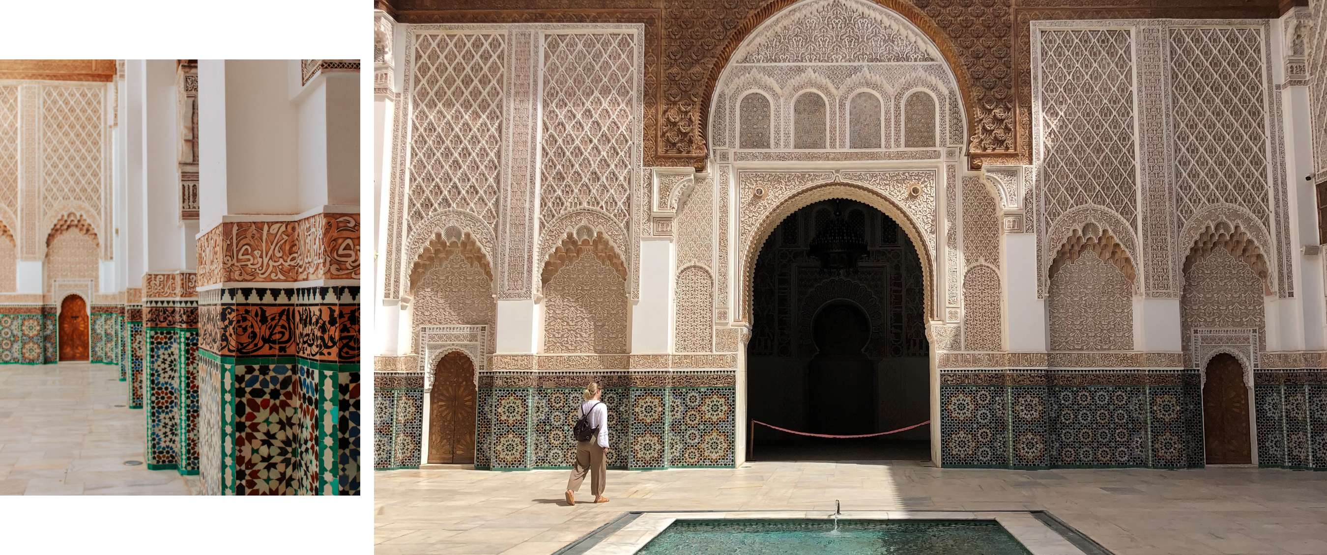 Deux images : colonnes aux mosaïques colorées ; arche ornée et bassin dans une cour historique.