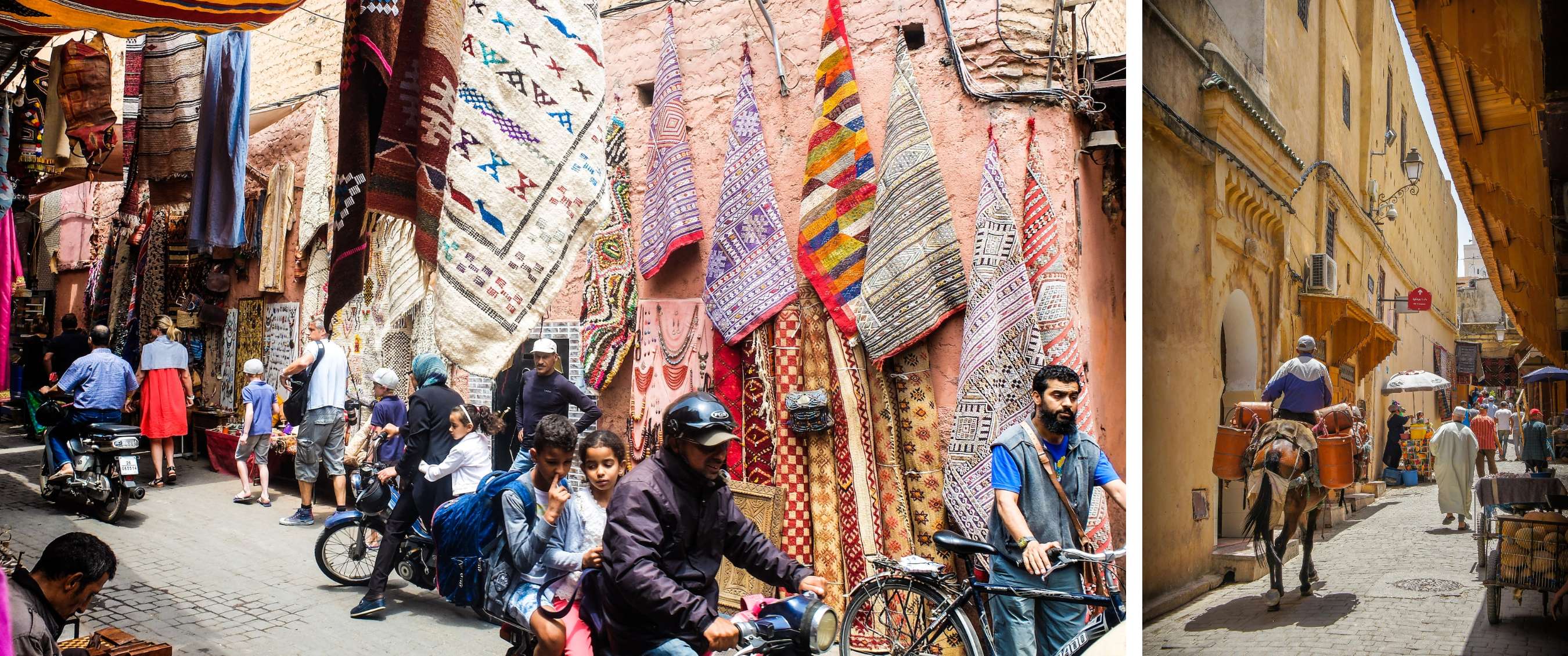 Deux images : tapis colorés au-dessus d’un souk animé ; passants et âne dans une rue étroite.