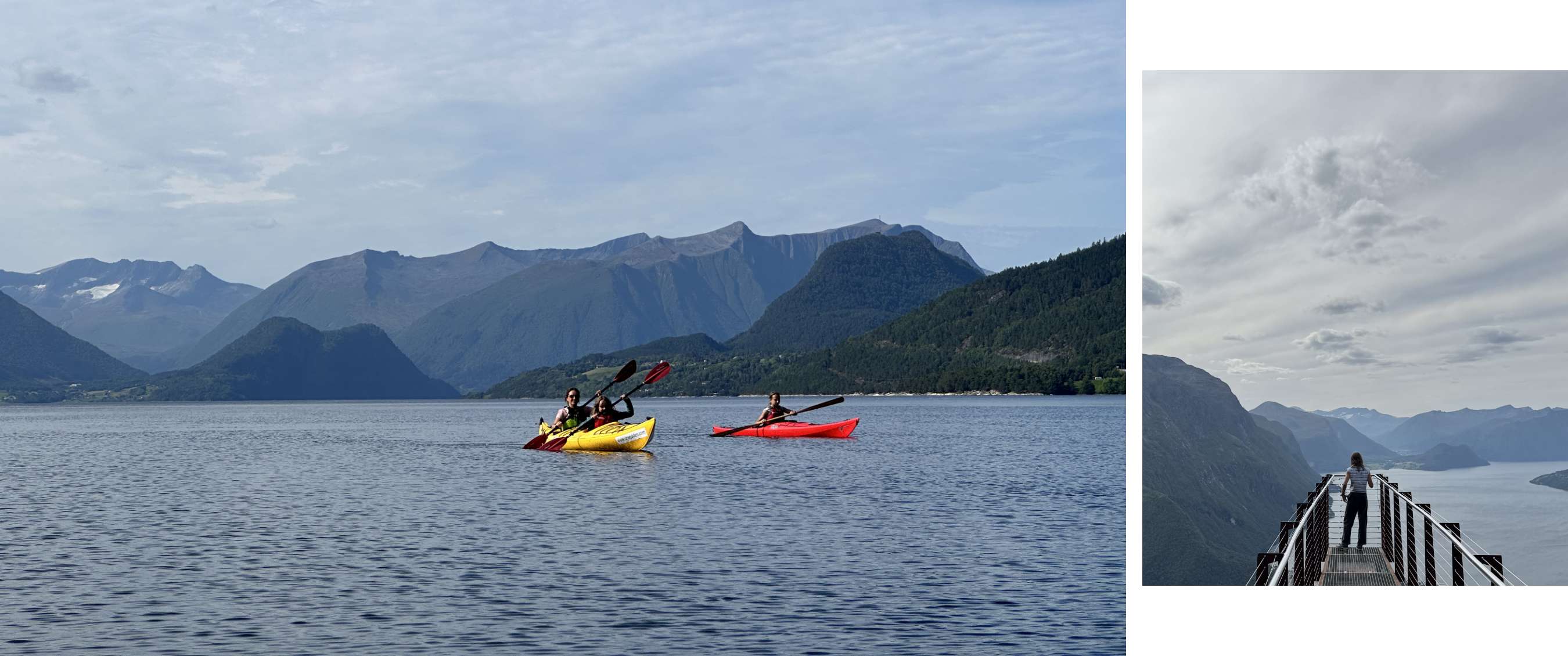 Des kayakistes pagaient en kayaks jaunes et rouges sur une eau calme, avec des montagnes en arrière-plan.