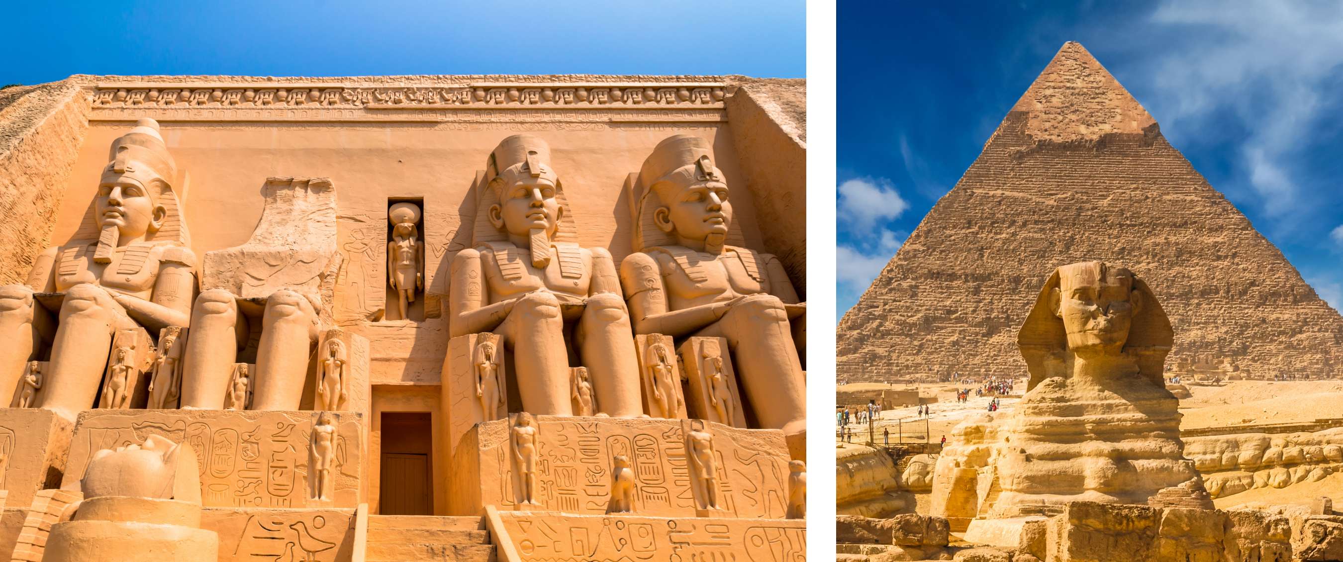 Deux images : Temple égyptien monumental avec statues assises de pharaons et bas-reliefs ; le Sphinx de Gizeh avec une grande pyramide en arrière-plan.