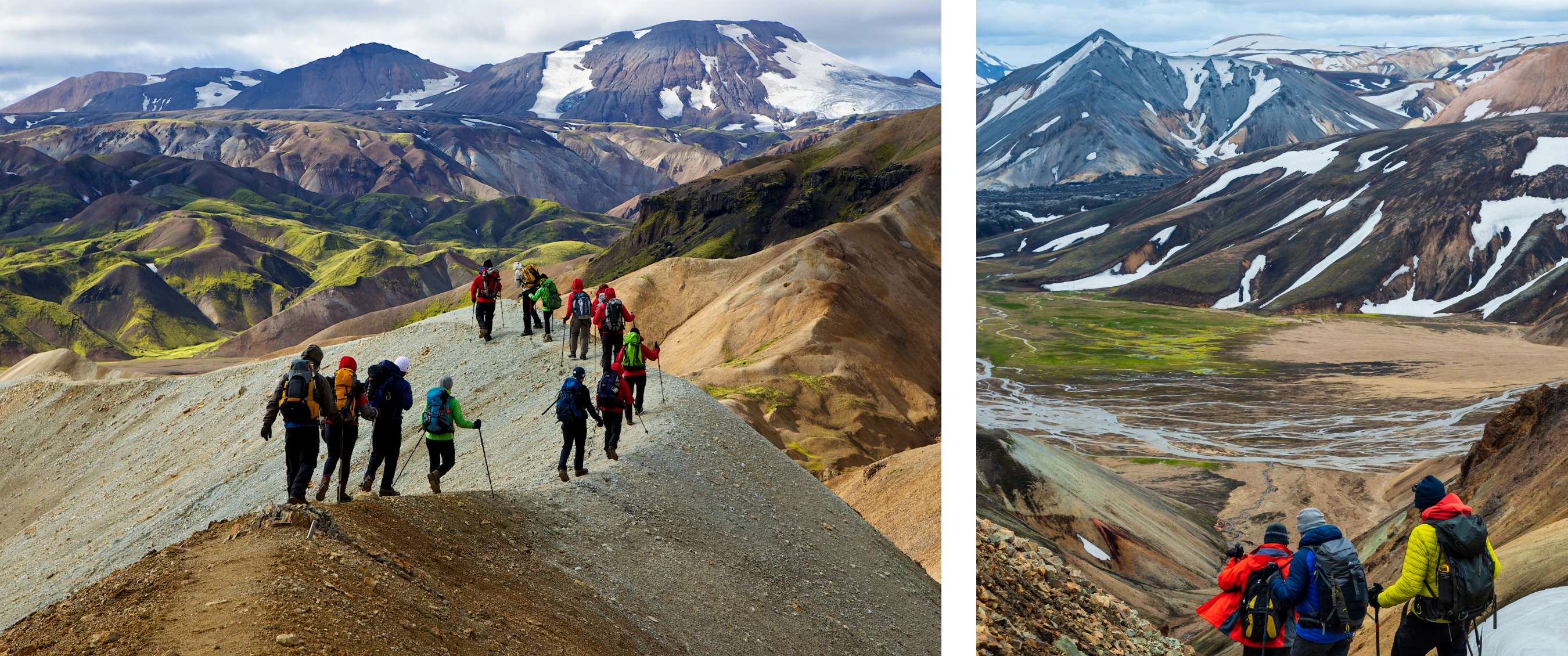 Deux images : groupe de randonneurs marchant sur une crête dans un paysage volcanique ; randonneurs observant une vaste vallée avec montagnes et névés