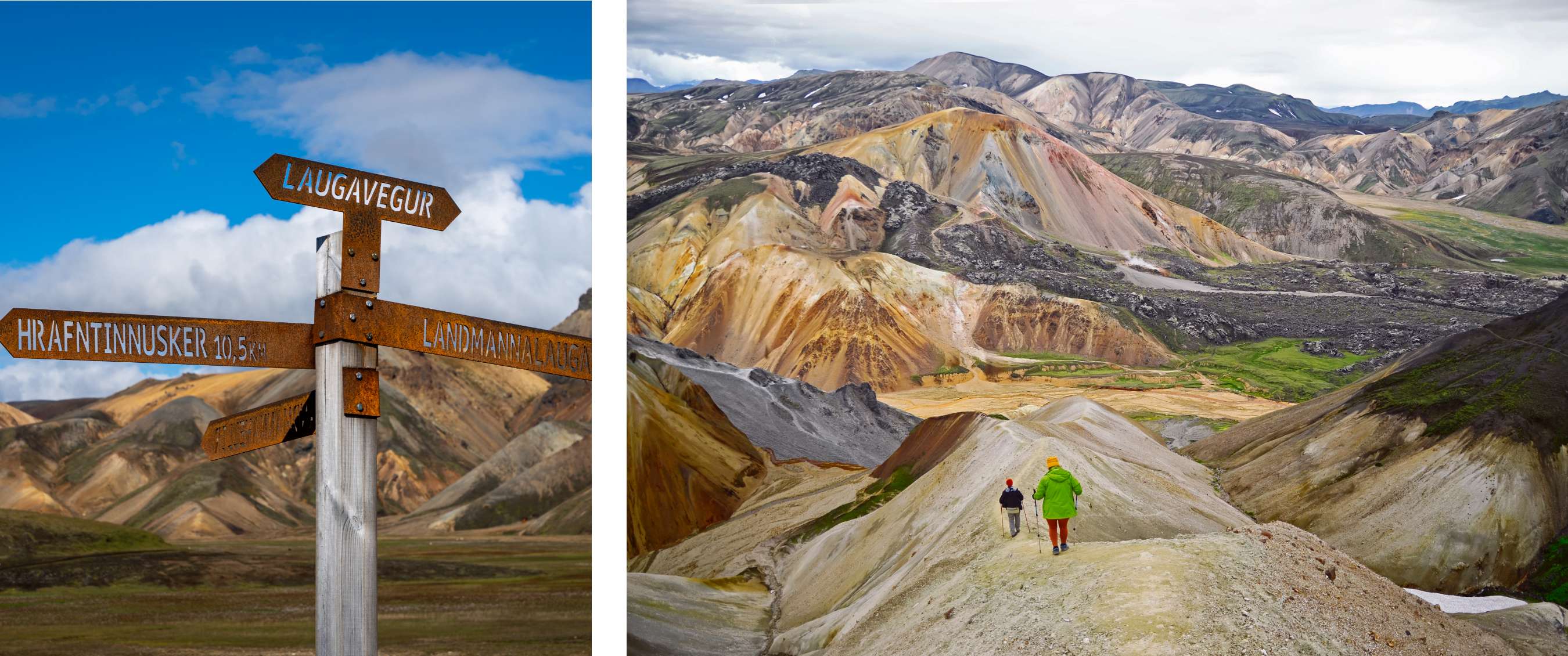 Deux images : panneau indiquant des destinations dans le haut plateau ; randonneurs descendant dans une vallée montagneuse