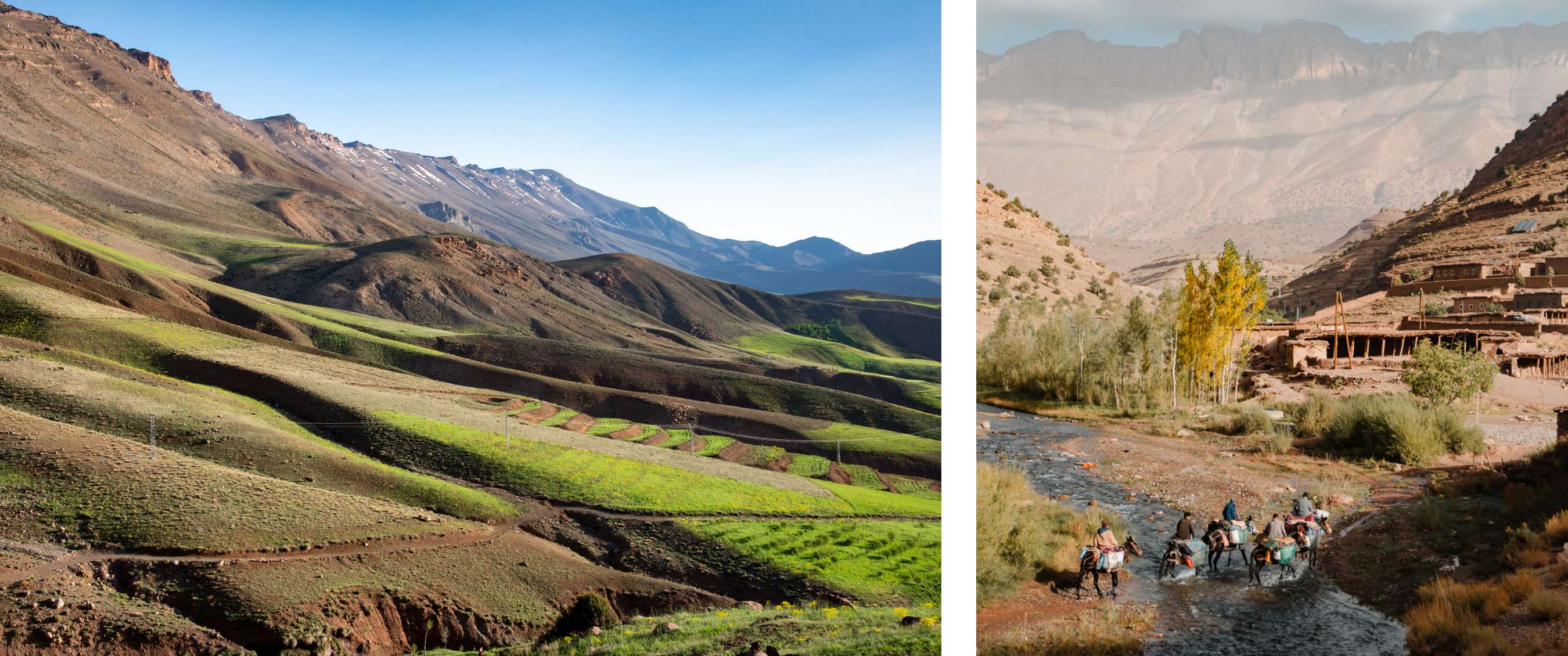 Deux images : paysage montagneux vallonné avec champs verts en terrasses ; groupe de voyageurs avec animaux de bât traversant une rivière peu profonde dans une vallée.