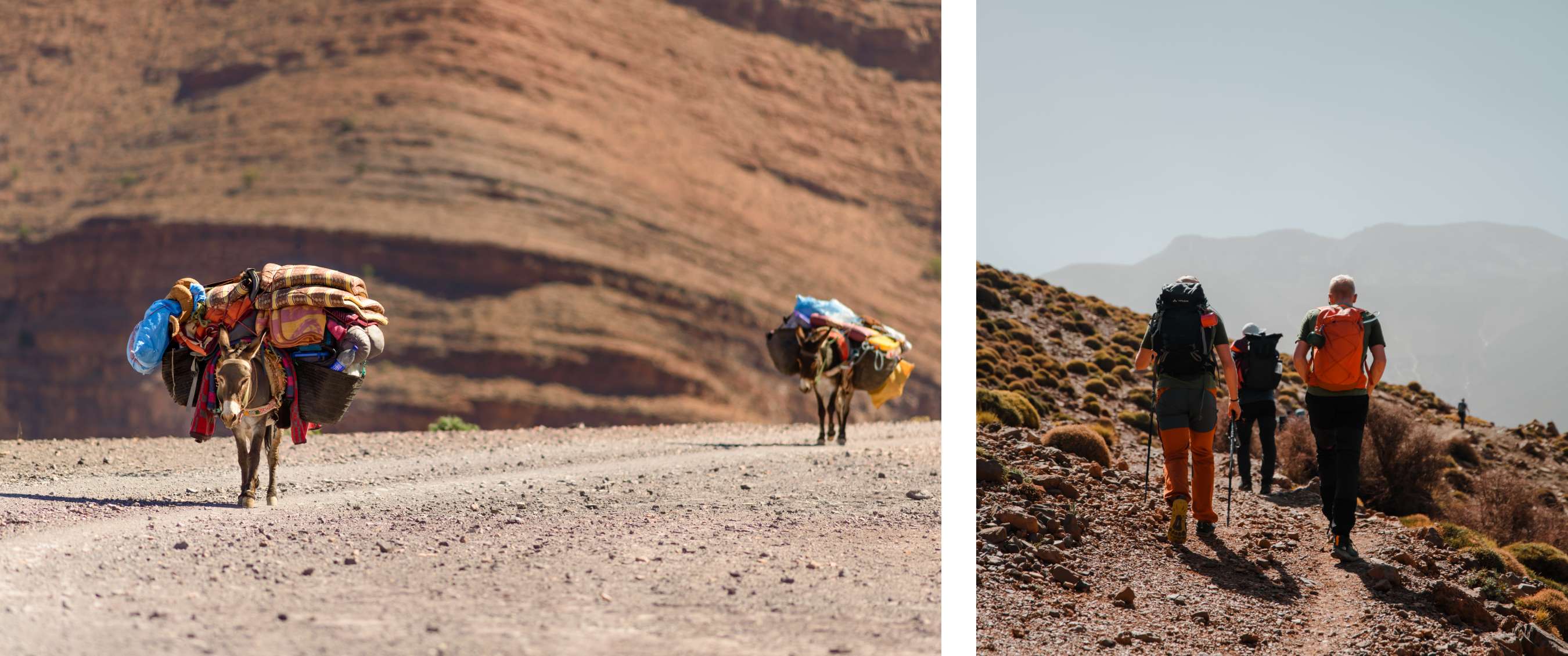 Deux images : ânes chargés avançant sur un sentier de montagne sec ; groupe de randonneurs avec sacs à dos sur un chemin rocheux en montagne.
